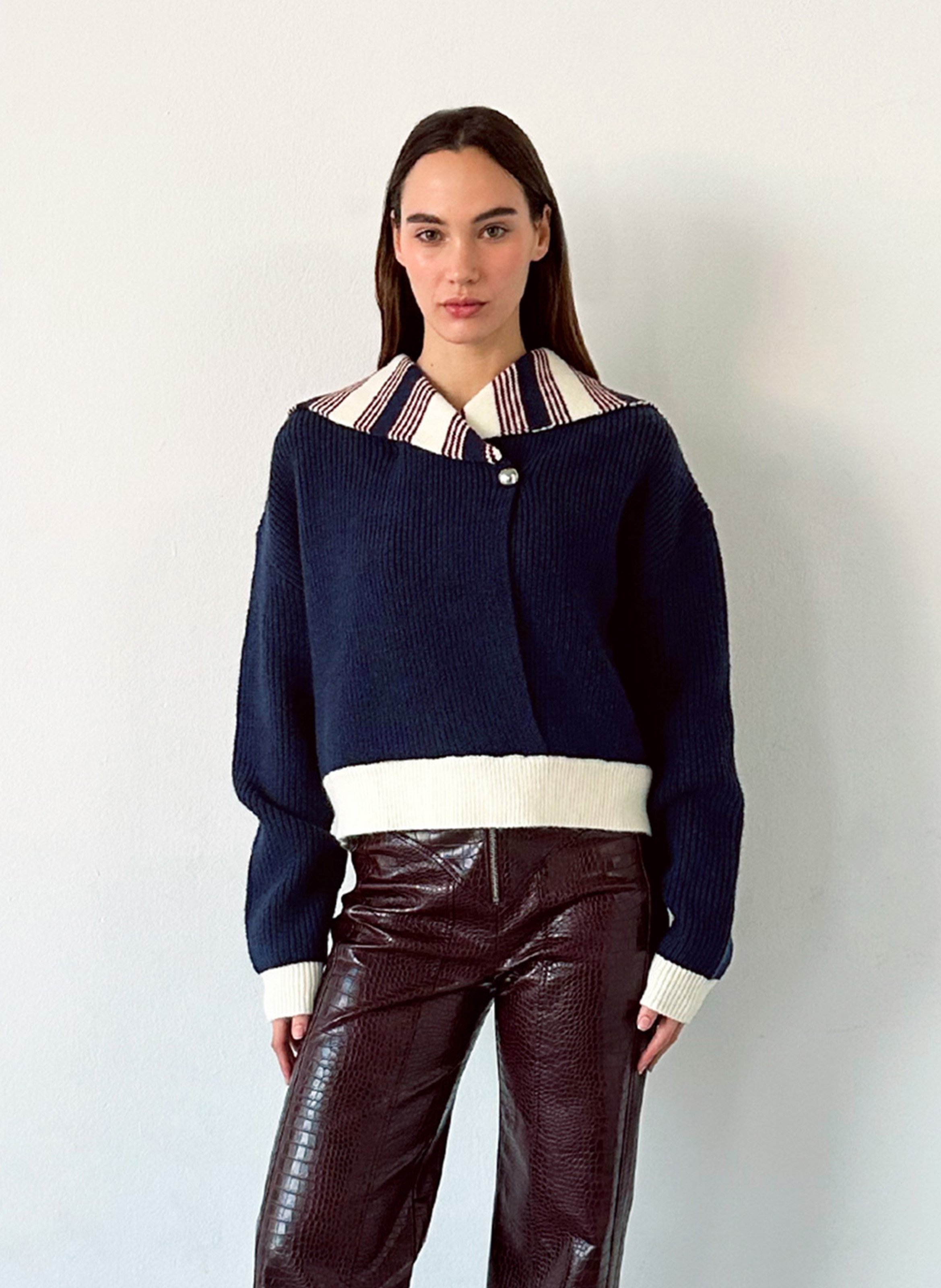 Pull à rayures col v LAAGAM Bleu