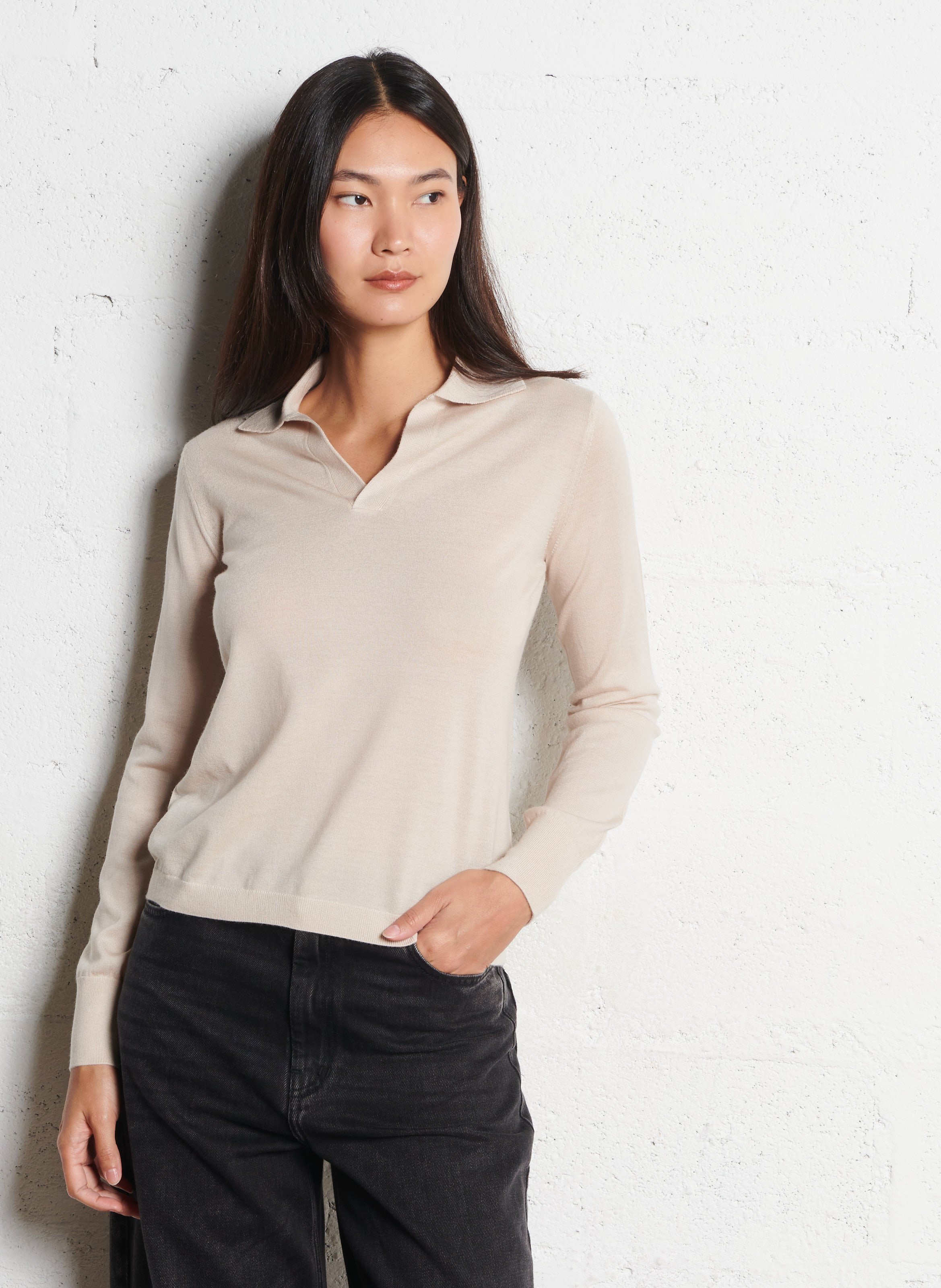 Pull fin col V uni en laine et cachemire MAX MARA WEEK END Beige