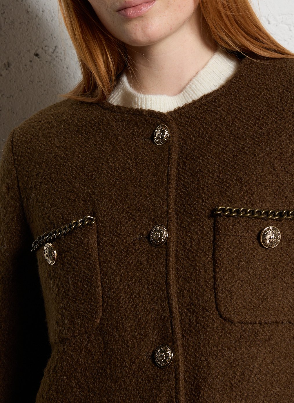 Veste en laine mélangée col rond  BERENICE Kaki