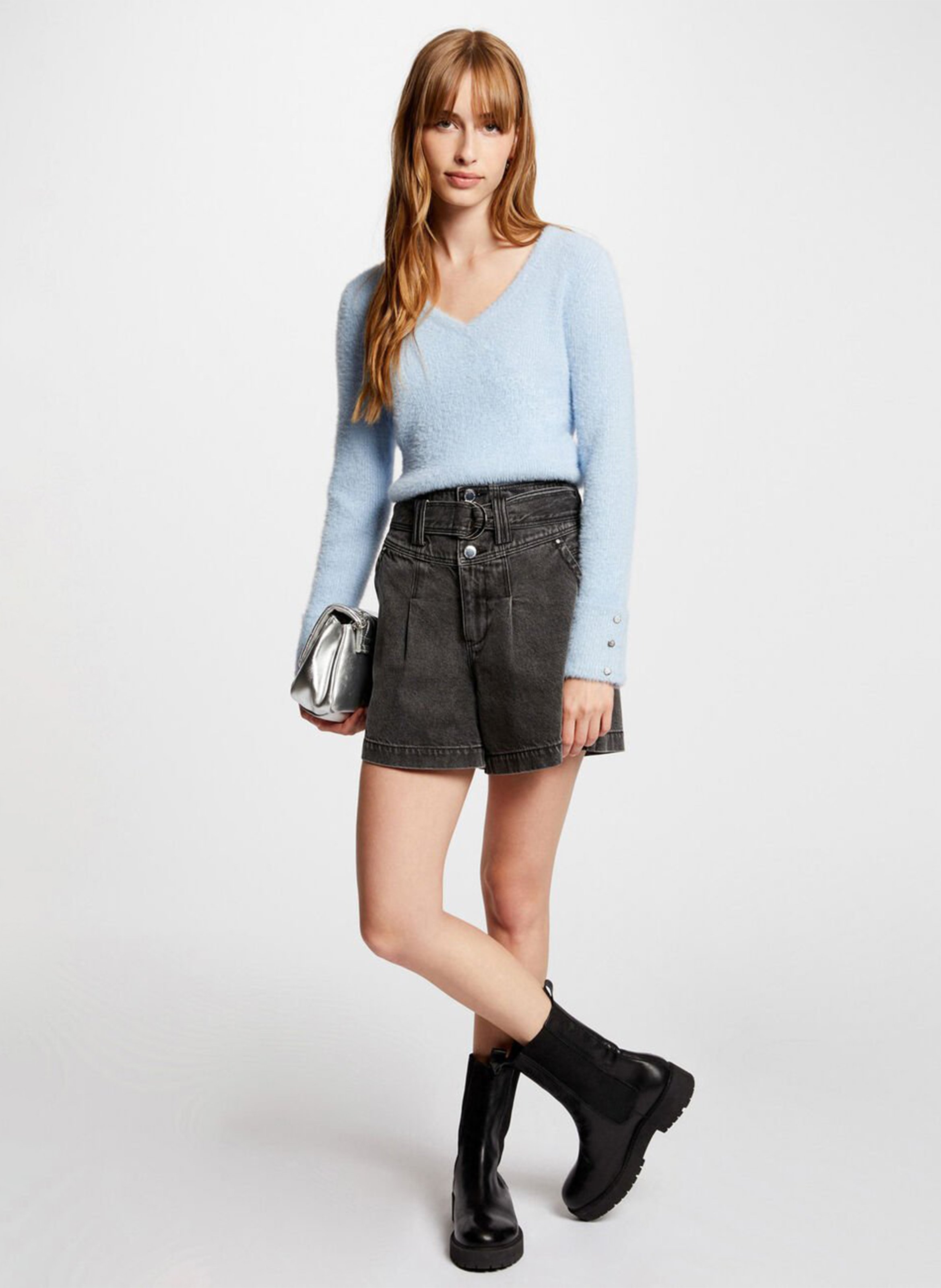 Mixed-knit V-neck sweater MORGAN Blue