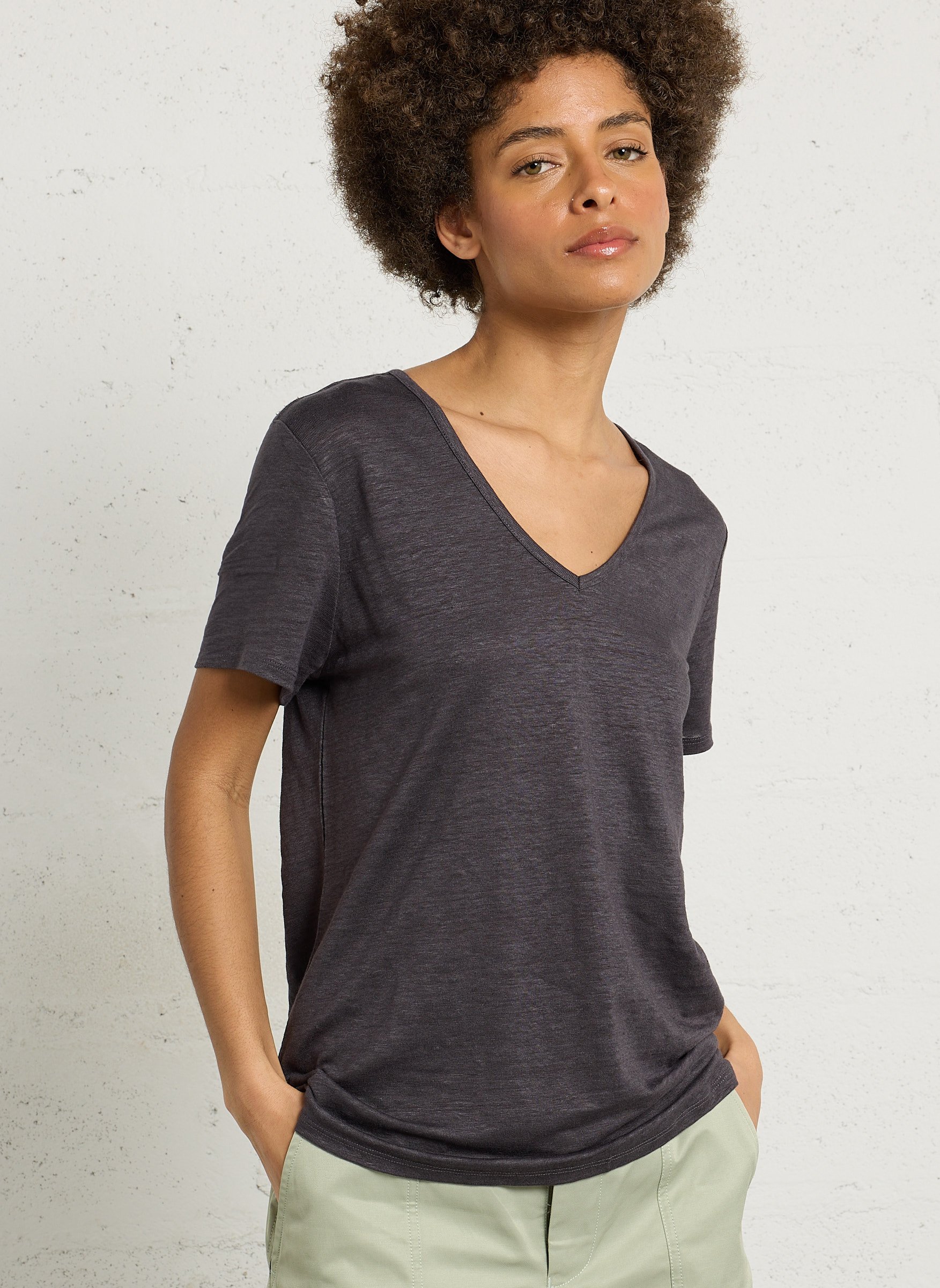 Tee-shirt oversize col V en lin BERENICE Gris