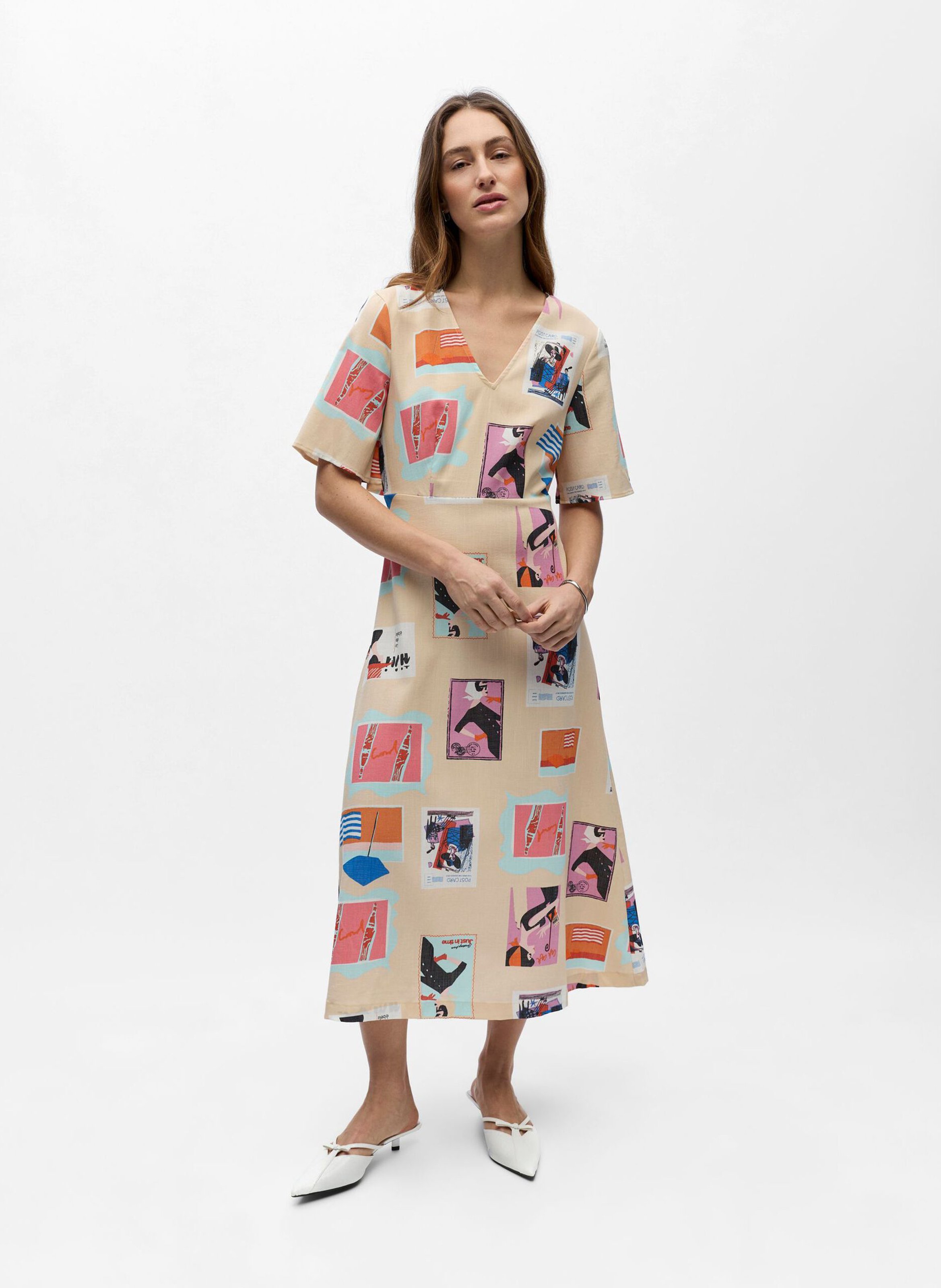 Flared printed midi dress OBJECT Beige