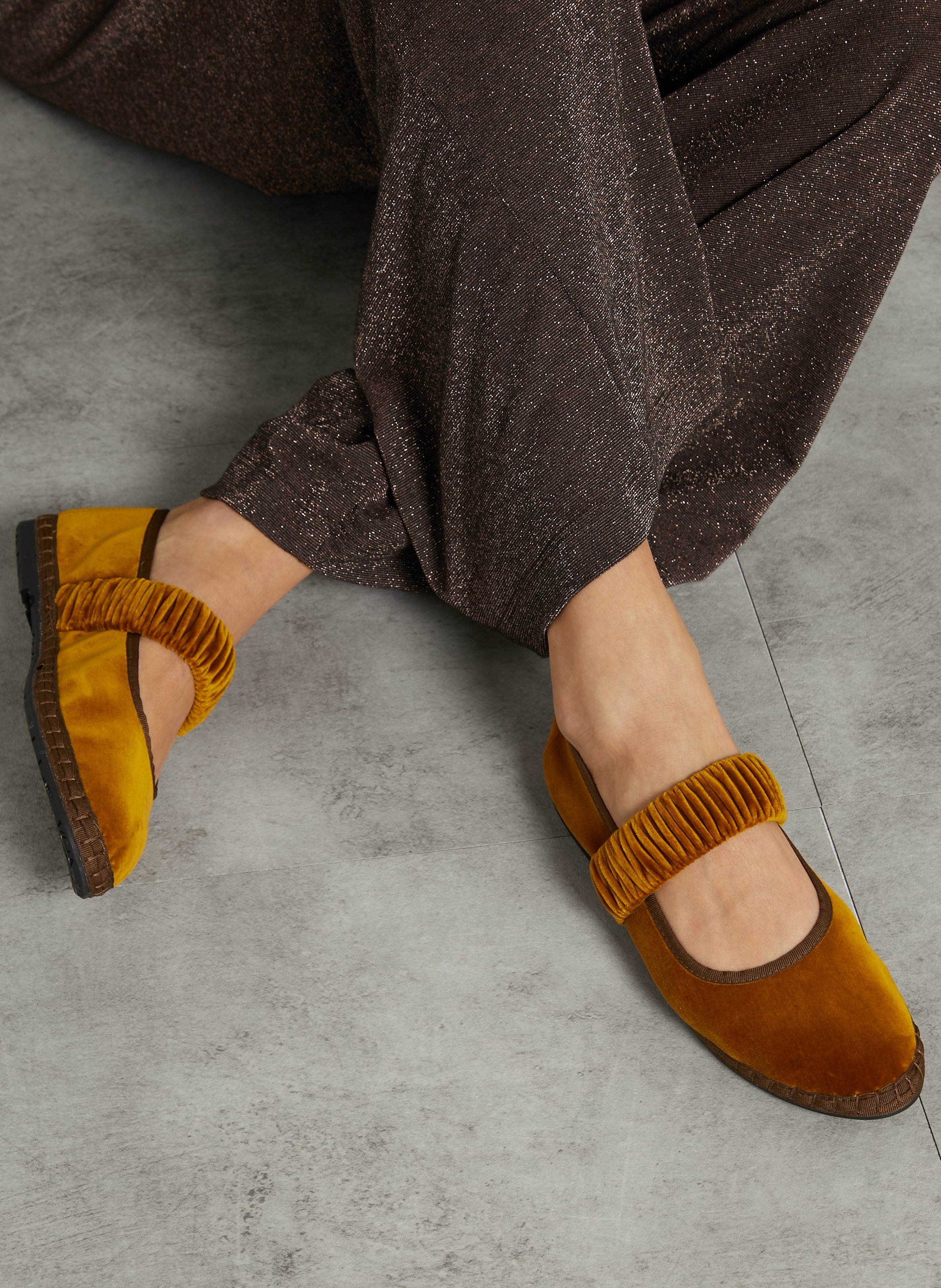 Velvet ankle strap ballet flats FLABELUS Yellow