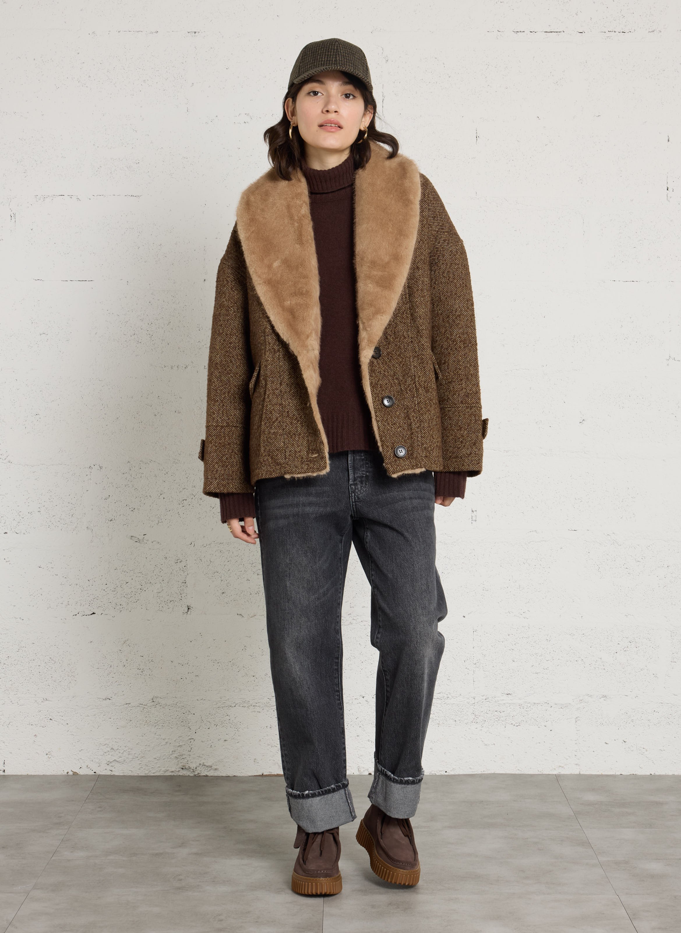 Manteau droit à col effet fourrure en laine mélangée SEE U SOON Kaki