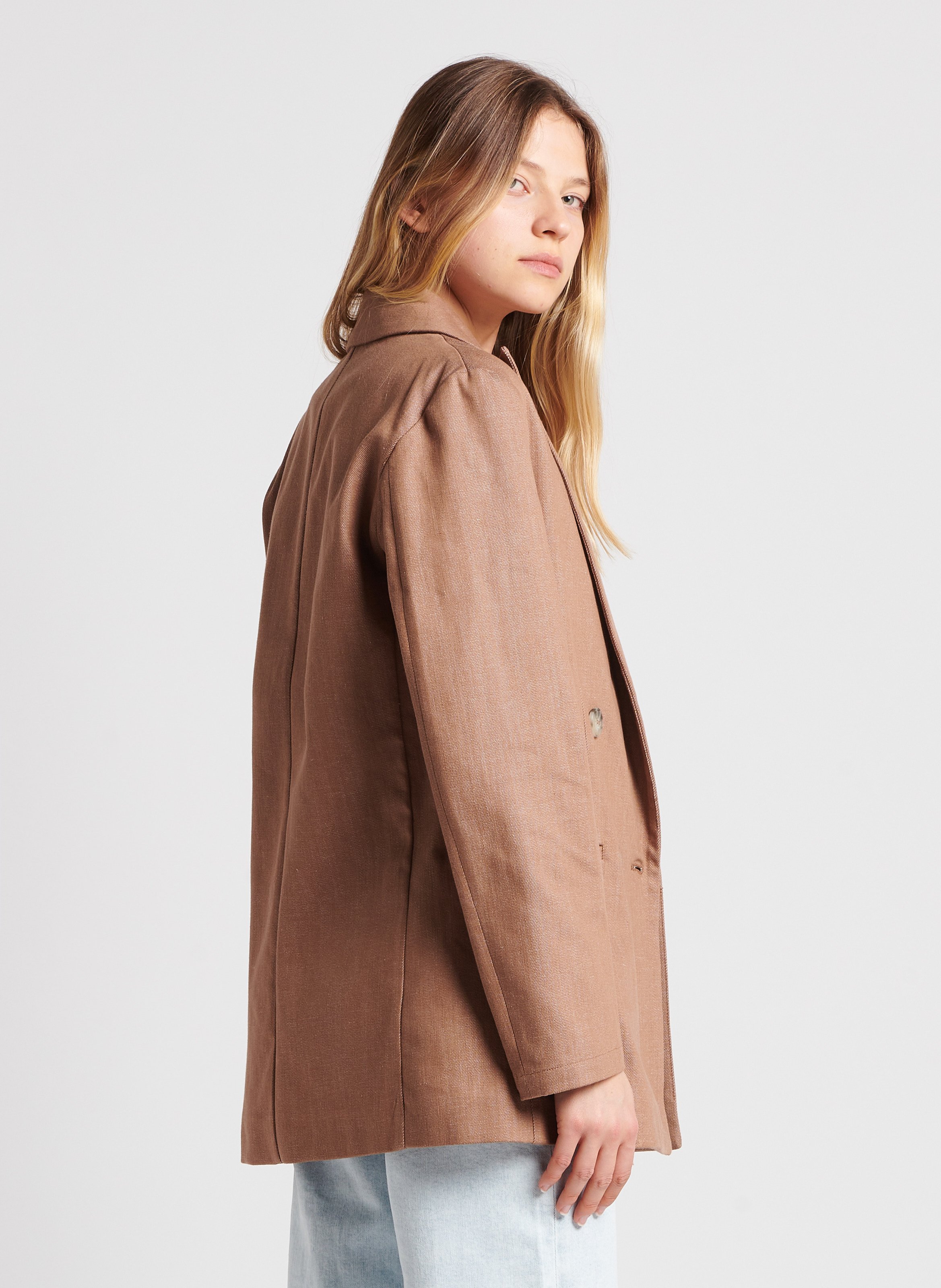 Blazer droit en denim coton mélangé Marron