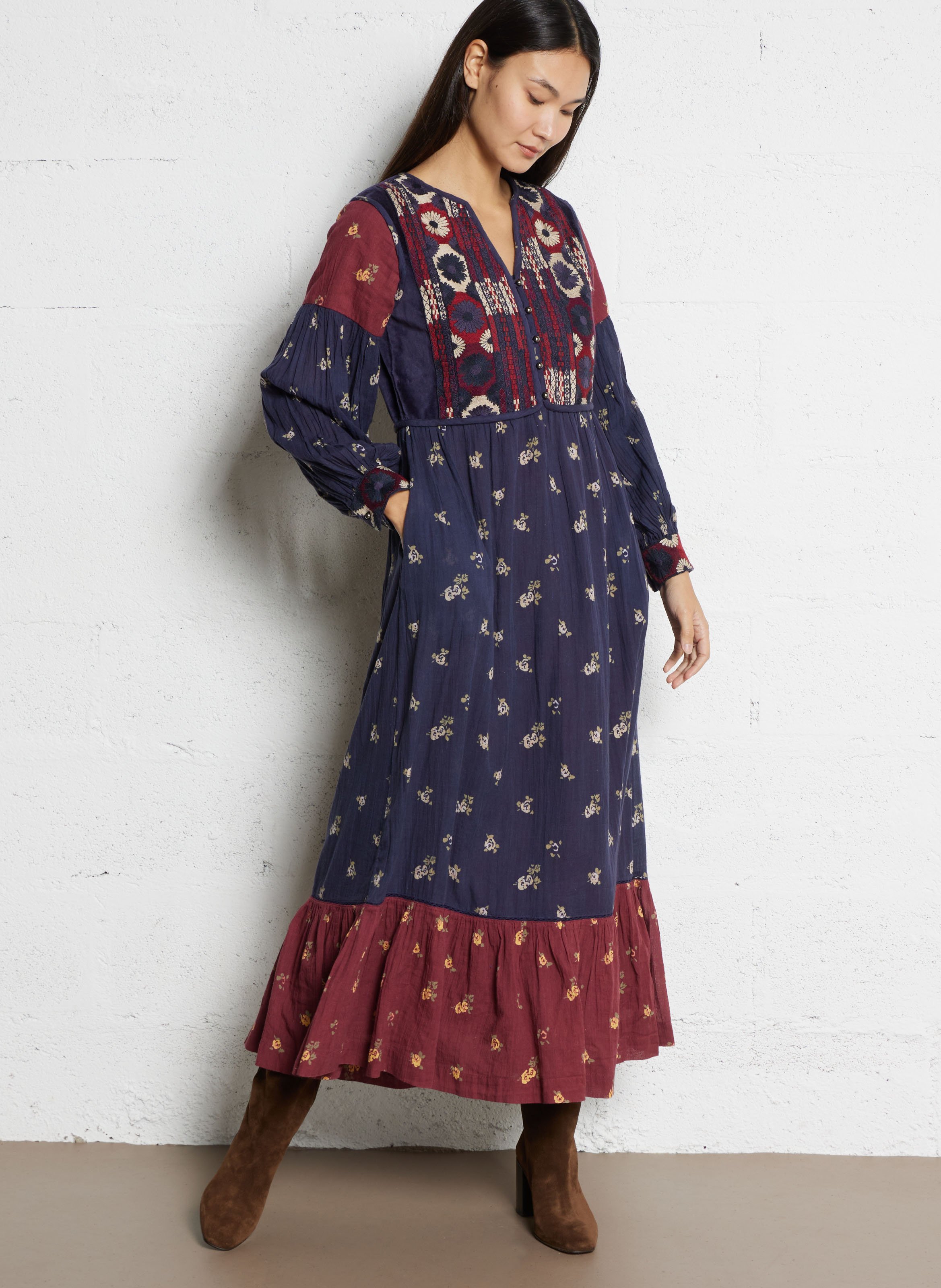 Printed long cotton dress with Tunisian collar MAISON HOTEL Blue