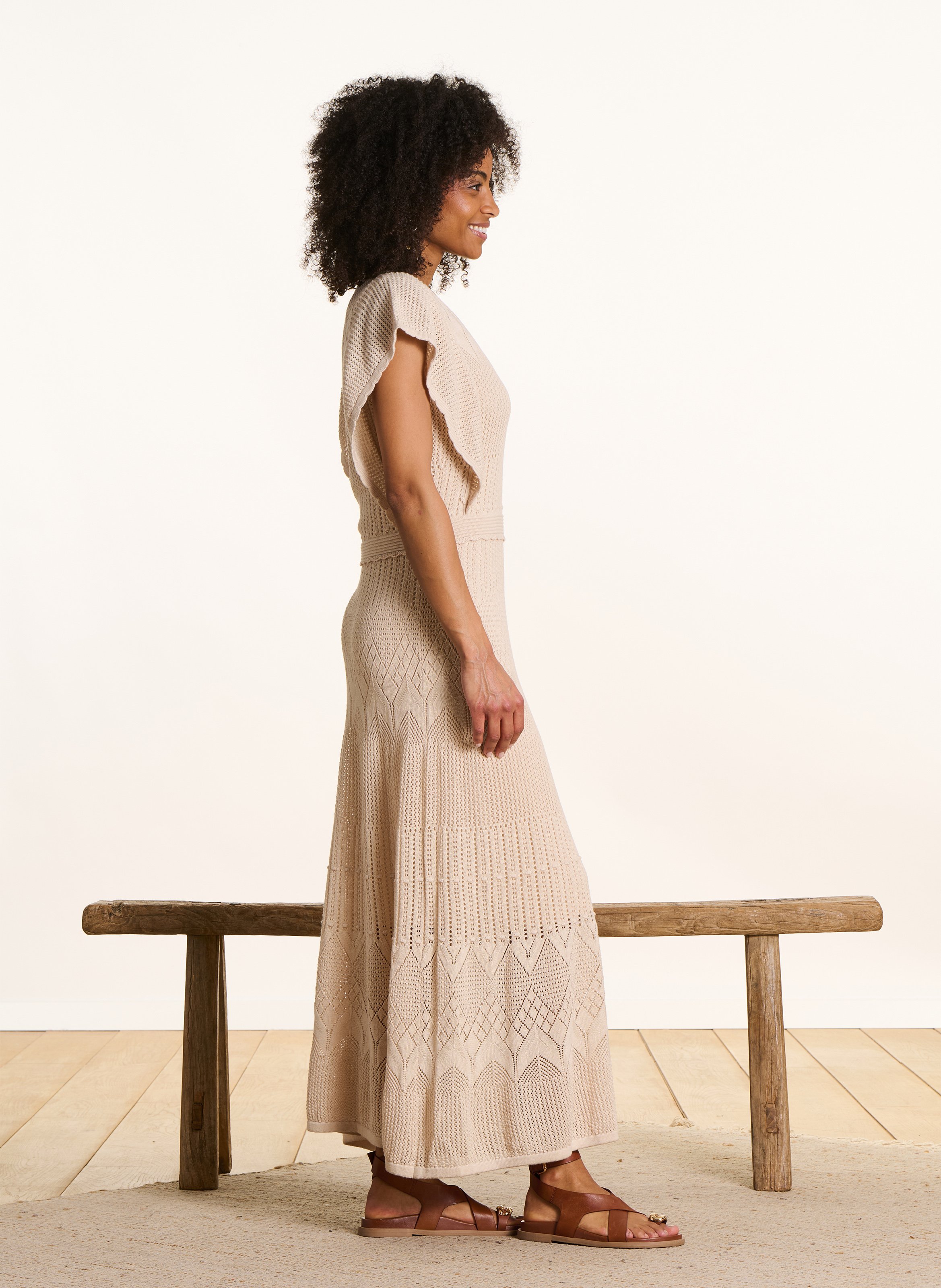 Robe midi col v  LA FEE MARABOUTEE Beige