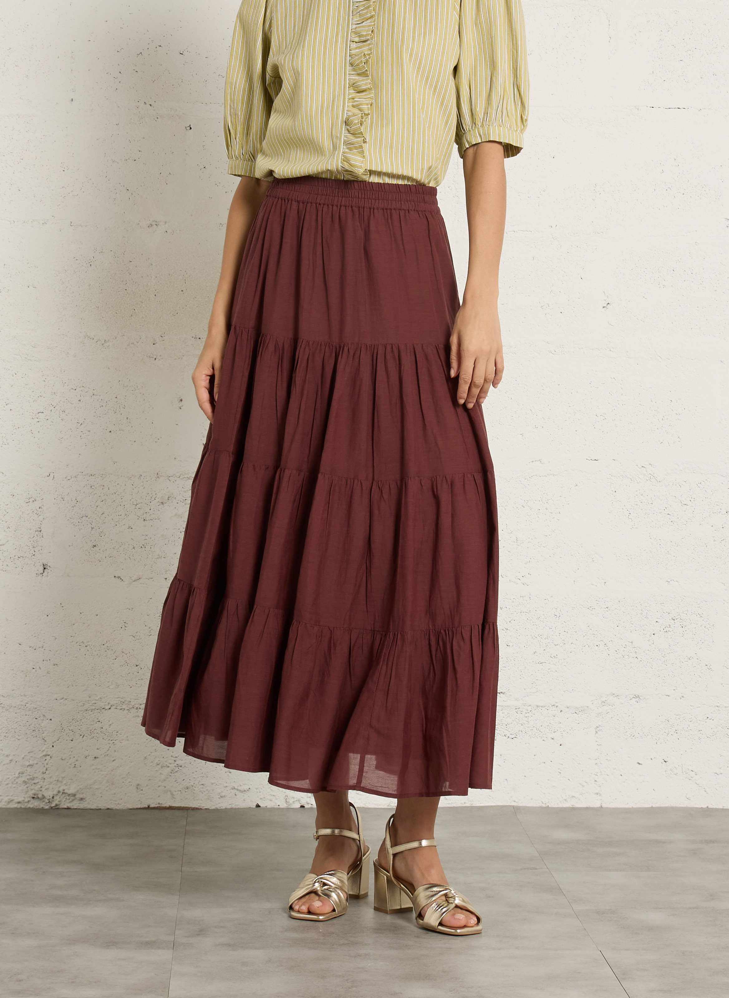 Jupe longue évasée à fronces en coton PETITE MENDIGOTE Marron