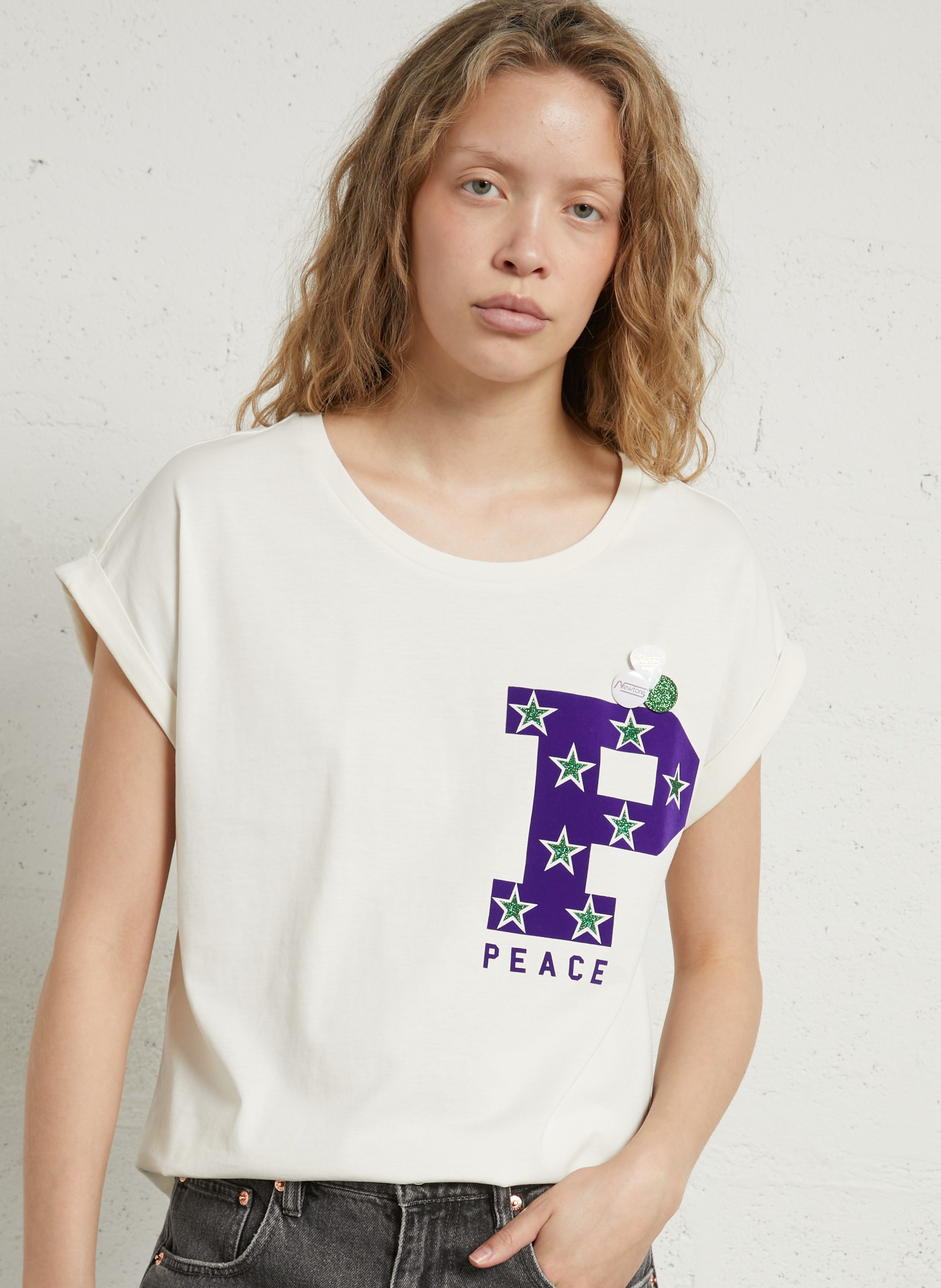 Bedrucktes T-Shirt mit geradem Schnitt und Anstecknadel NEWTONE Weiss