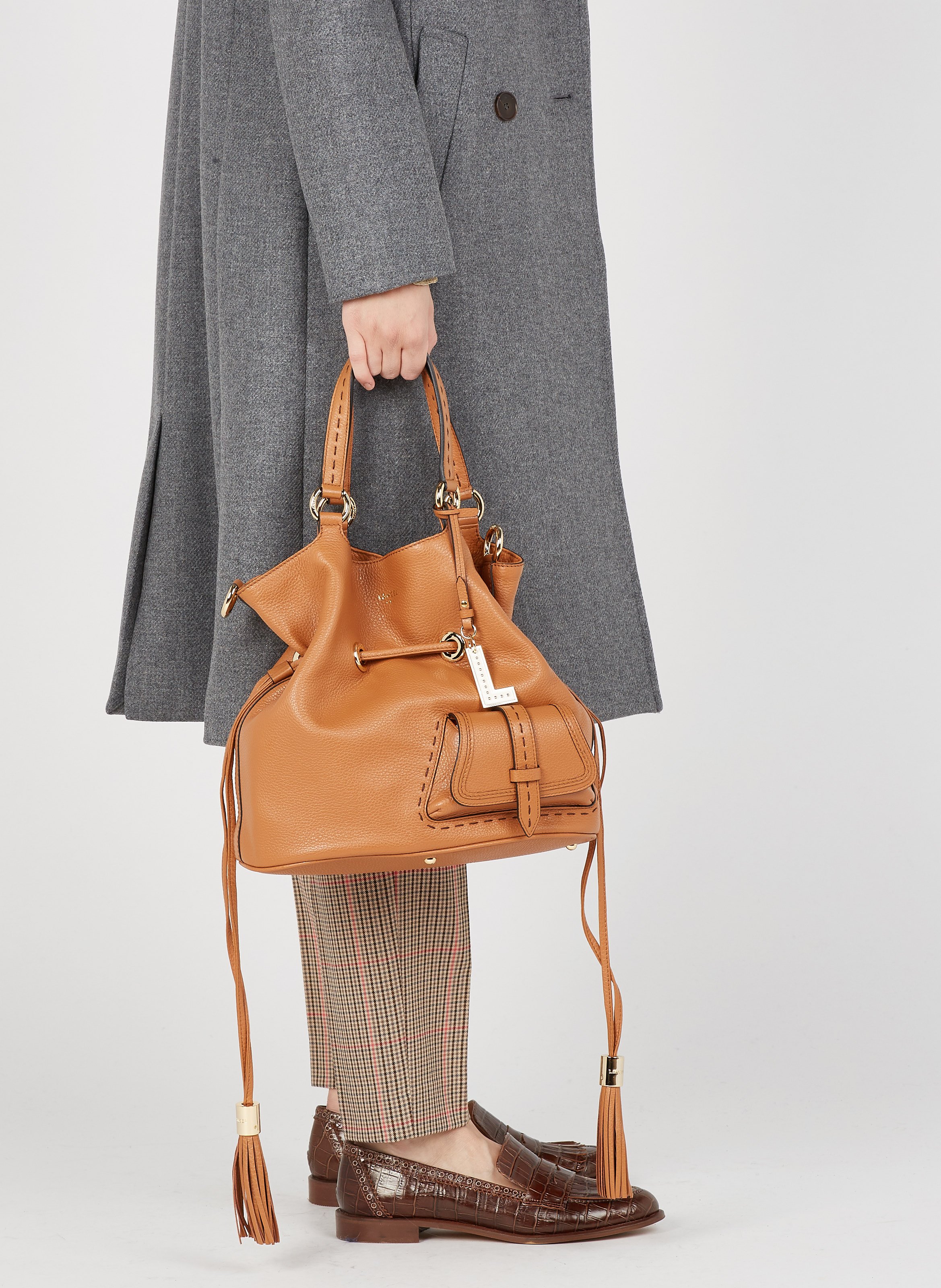 Sac seau en cuir grainé LANCEL Marron