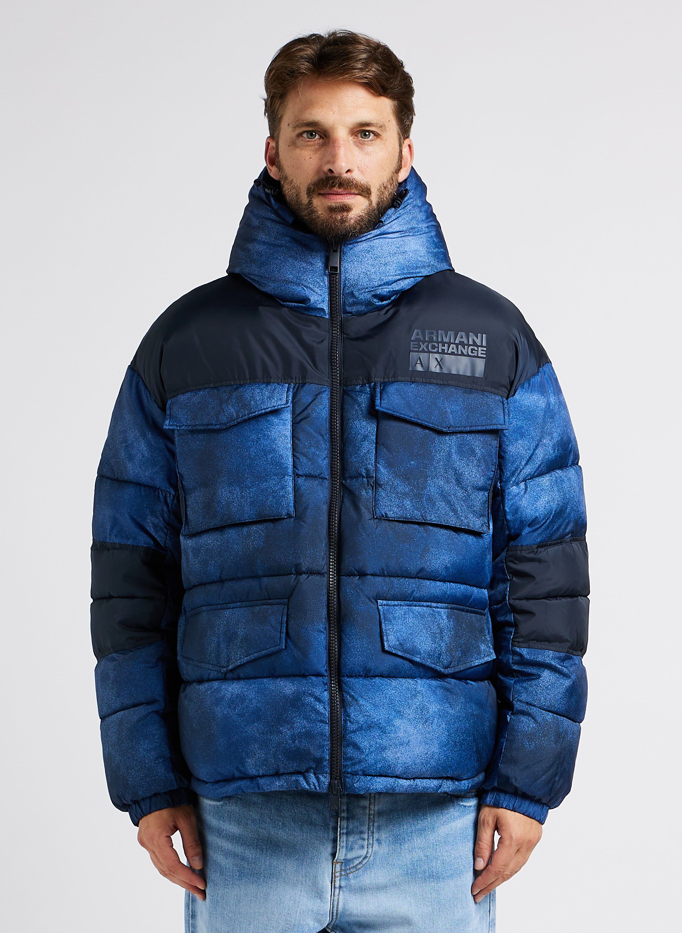 High neck Down Jacket With Hood Blue Spray P Navy Armani