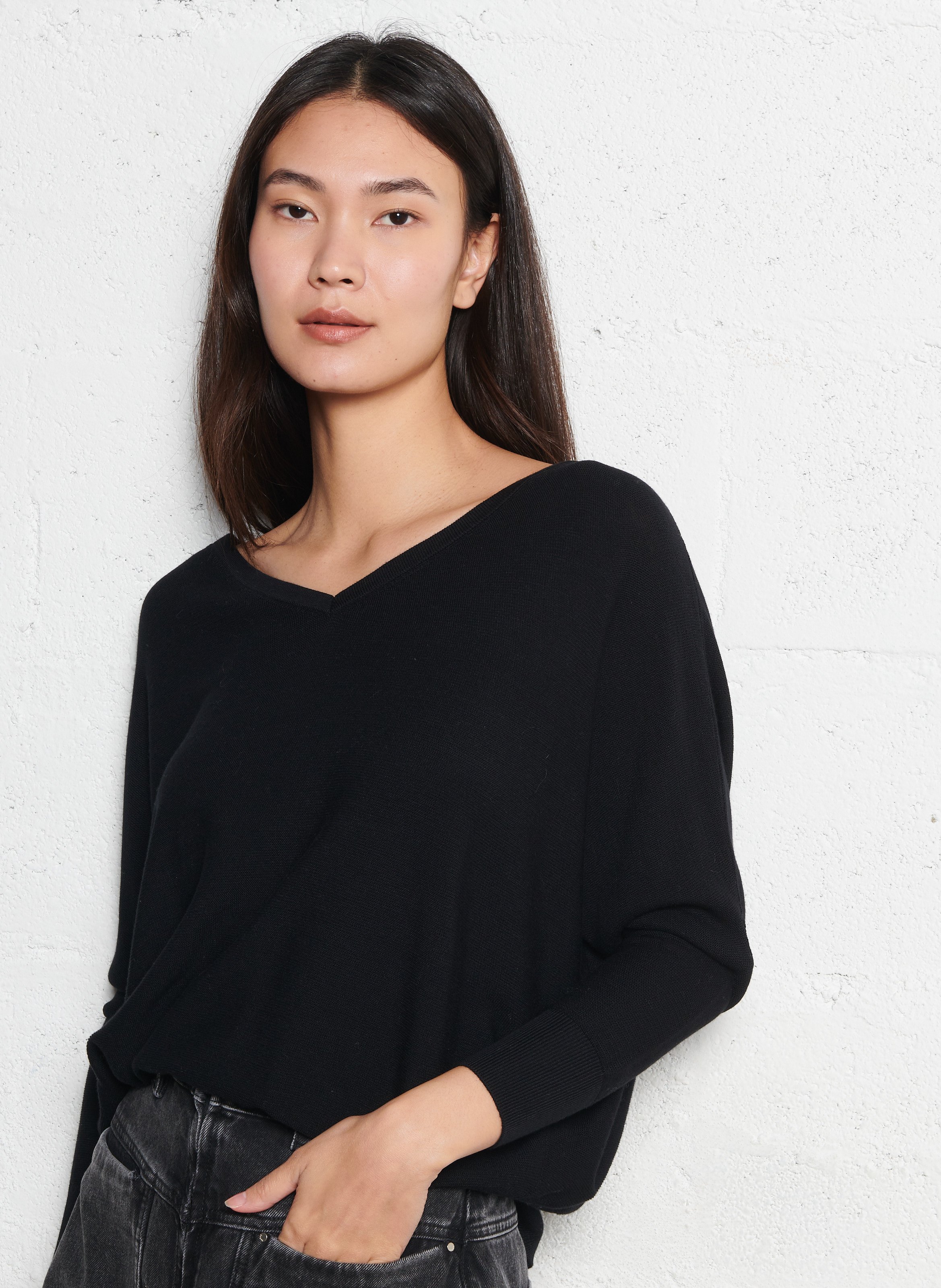 Pull col V en maille mélangée BA&SH Noir