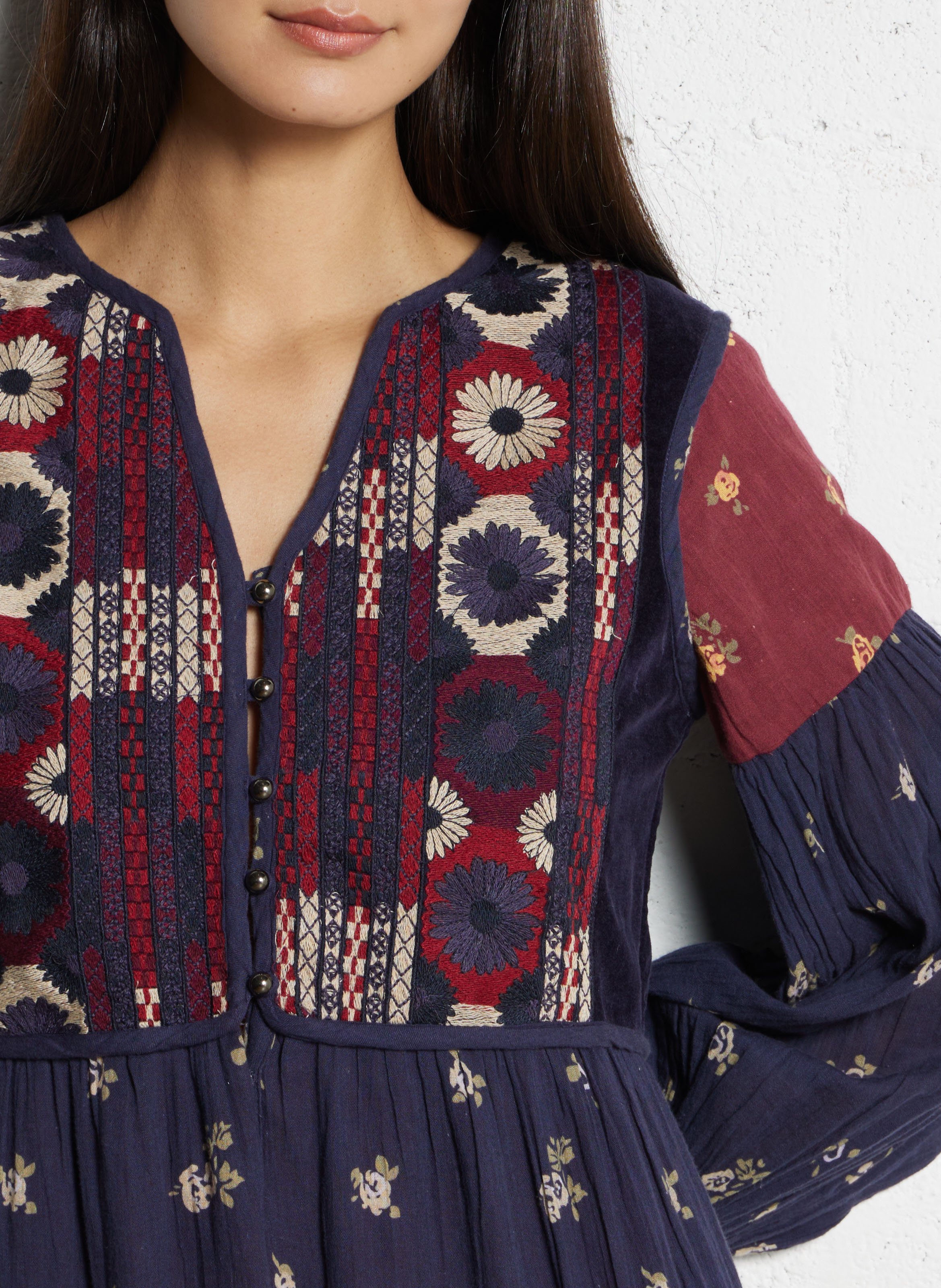 Printed long cotton dress with Tunisian collar MAISON HOTEL Blue