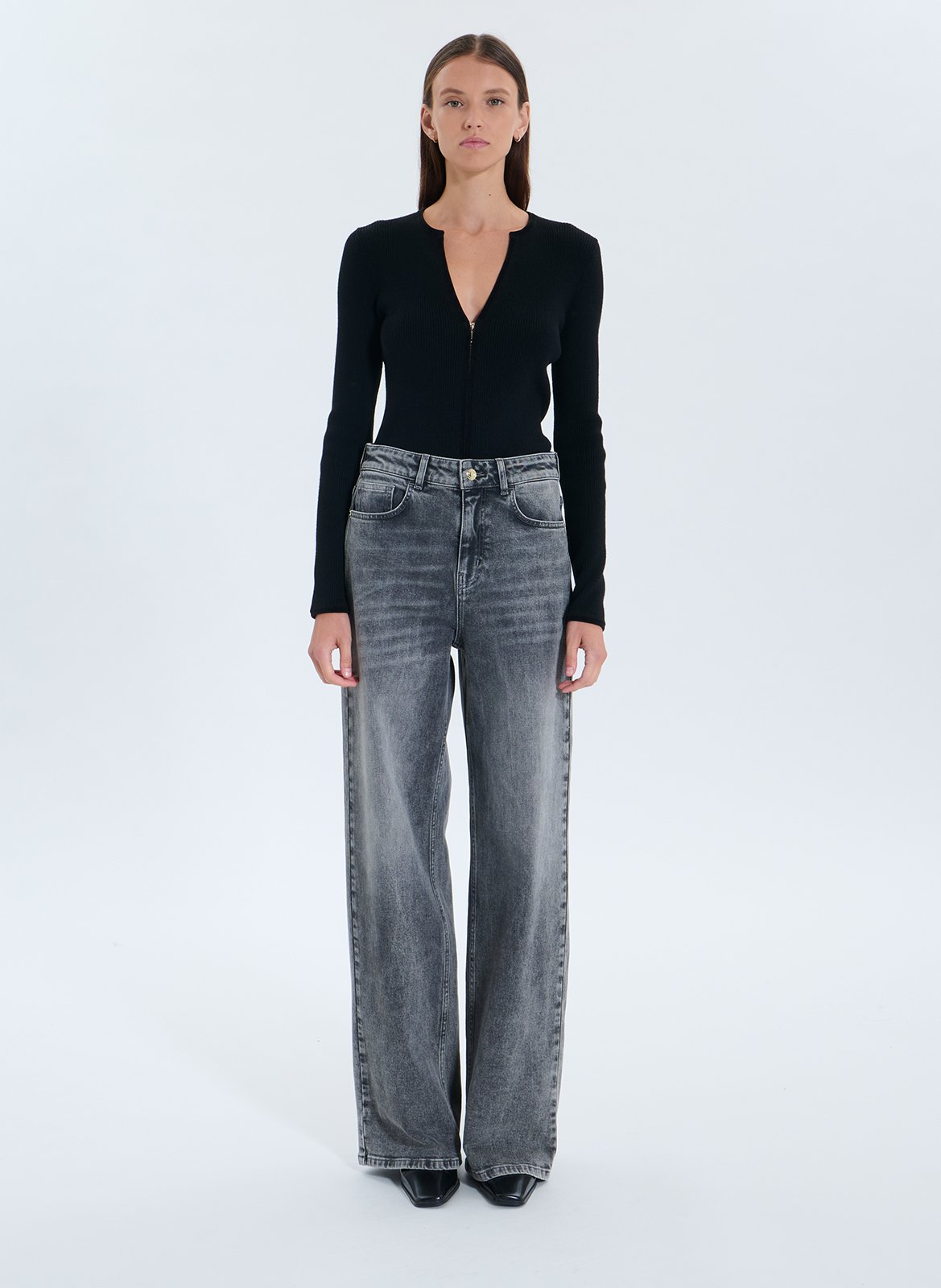 Jean wide leg délavé taille haute ZAPA Gris