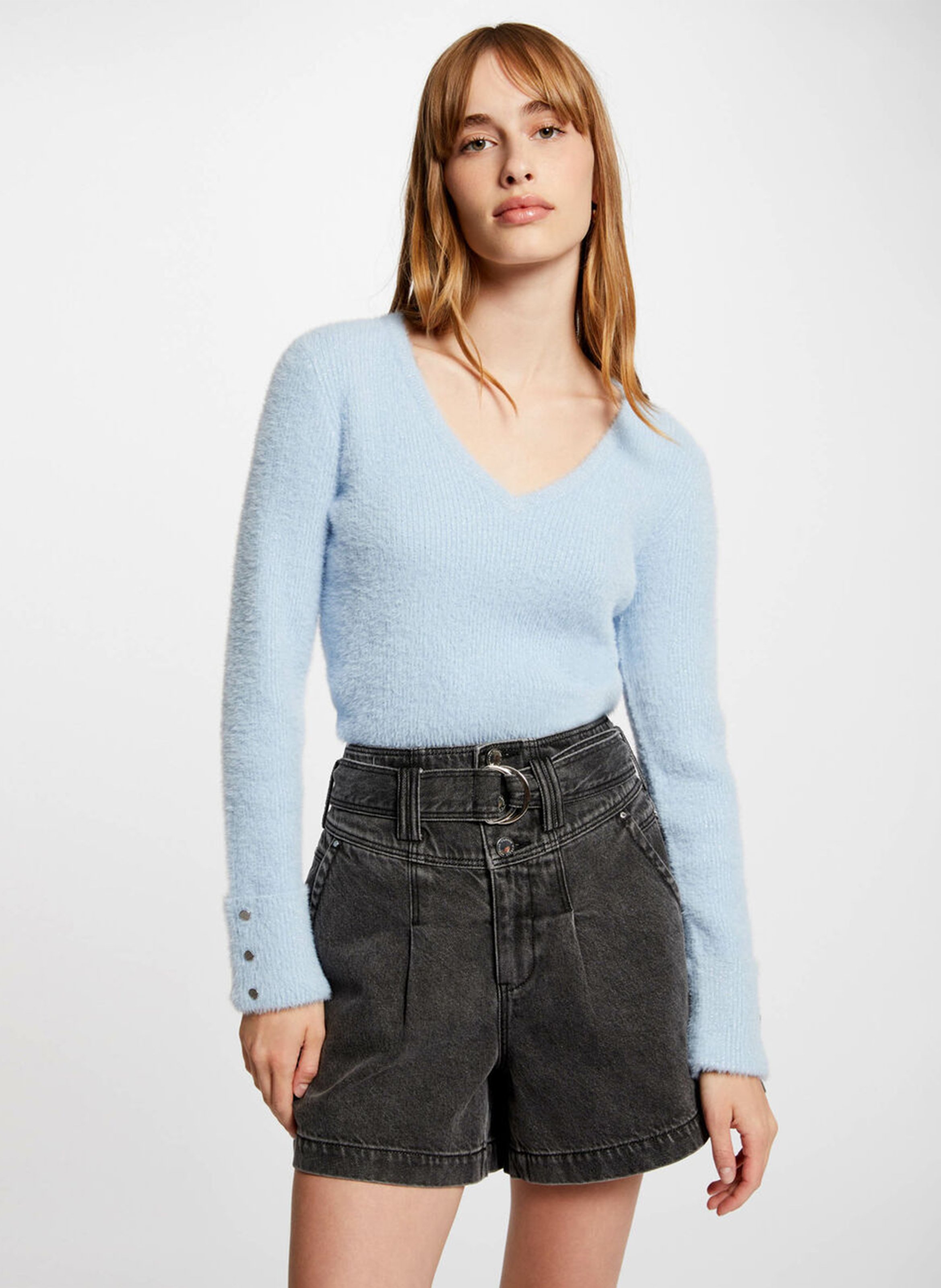 Mixed-knit V-neck sweater MORGAN Blue