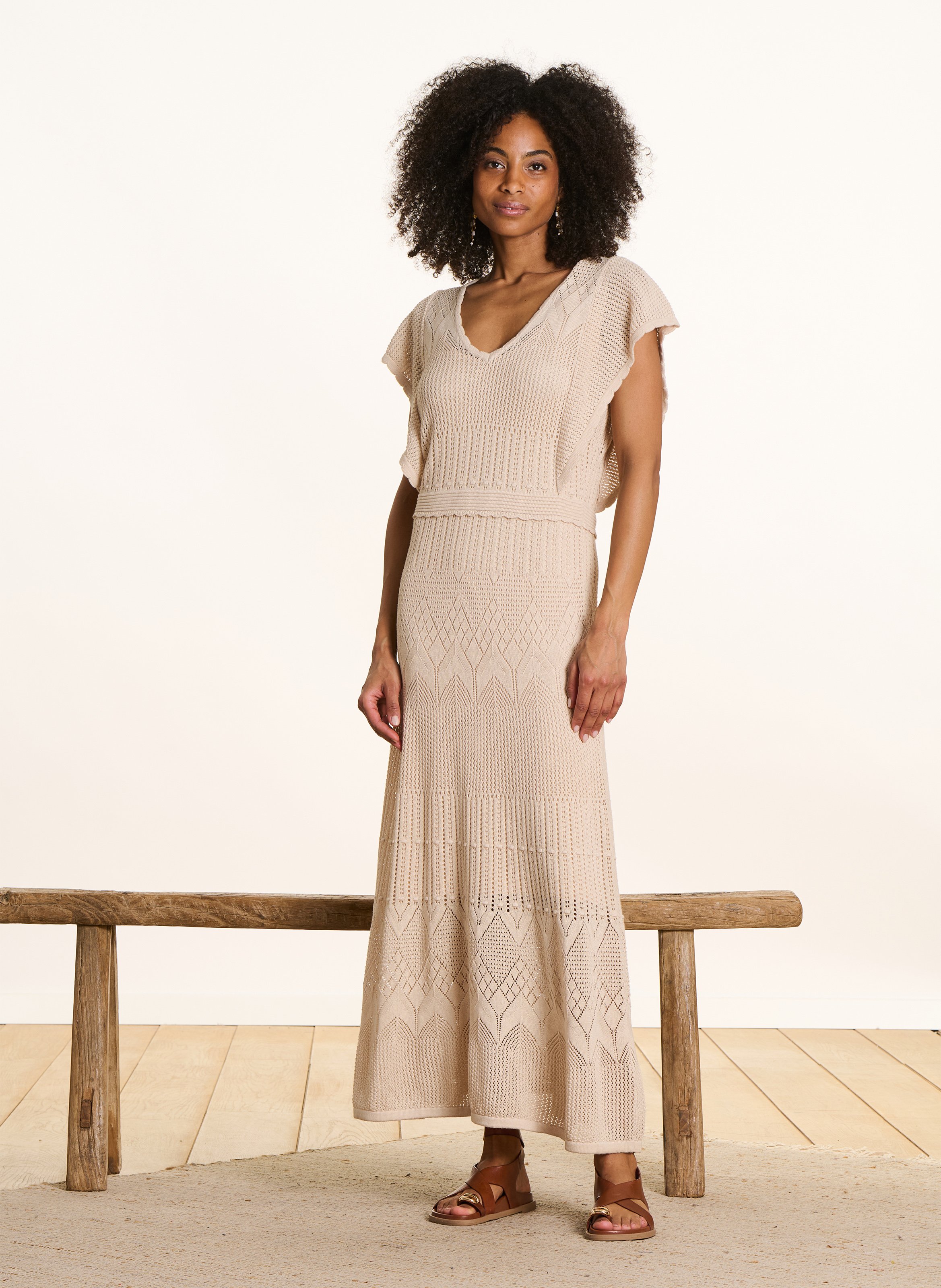 Robe midi col v  LA FEE MARABOUTEE Beige