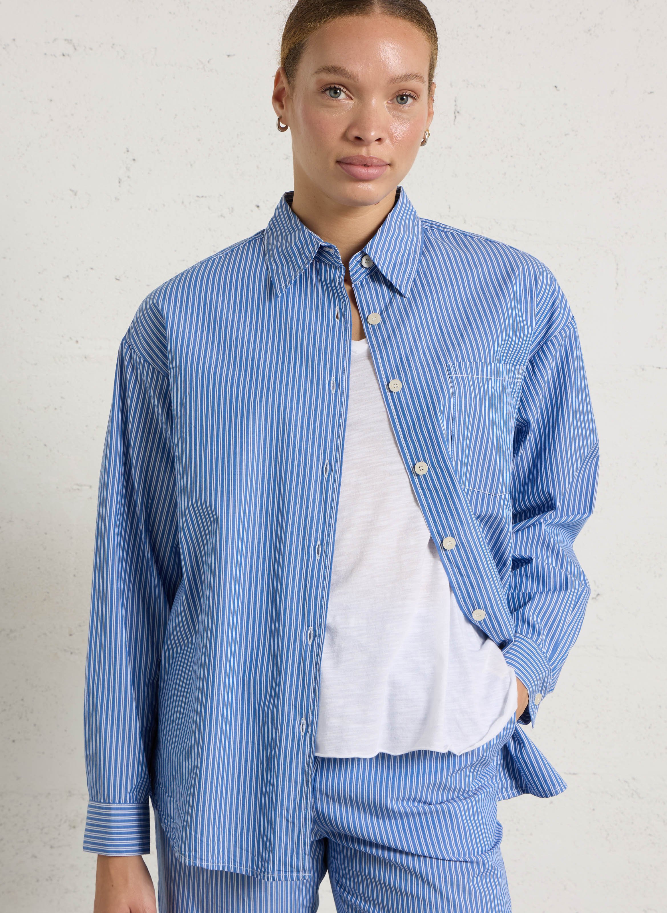 Rechte, gestreepte, katoenen blouse AMERICAN VINTAGE Blauw