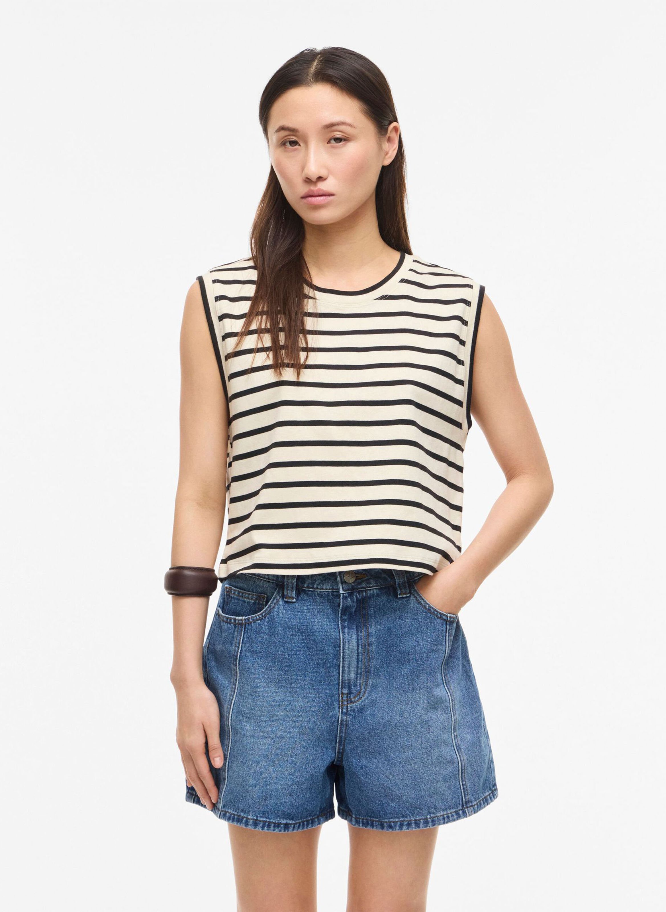 Gestreepte mouwloze biologisch katoenen T-shirt ROUGE EDIT Grijs