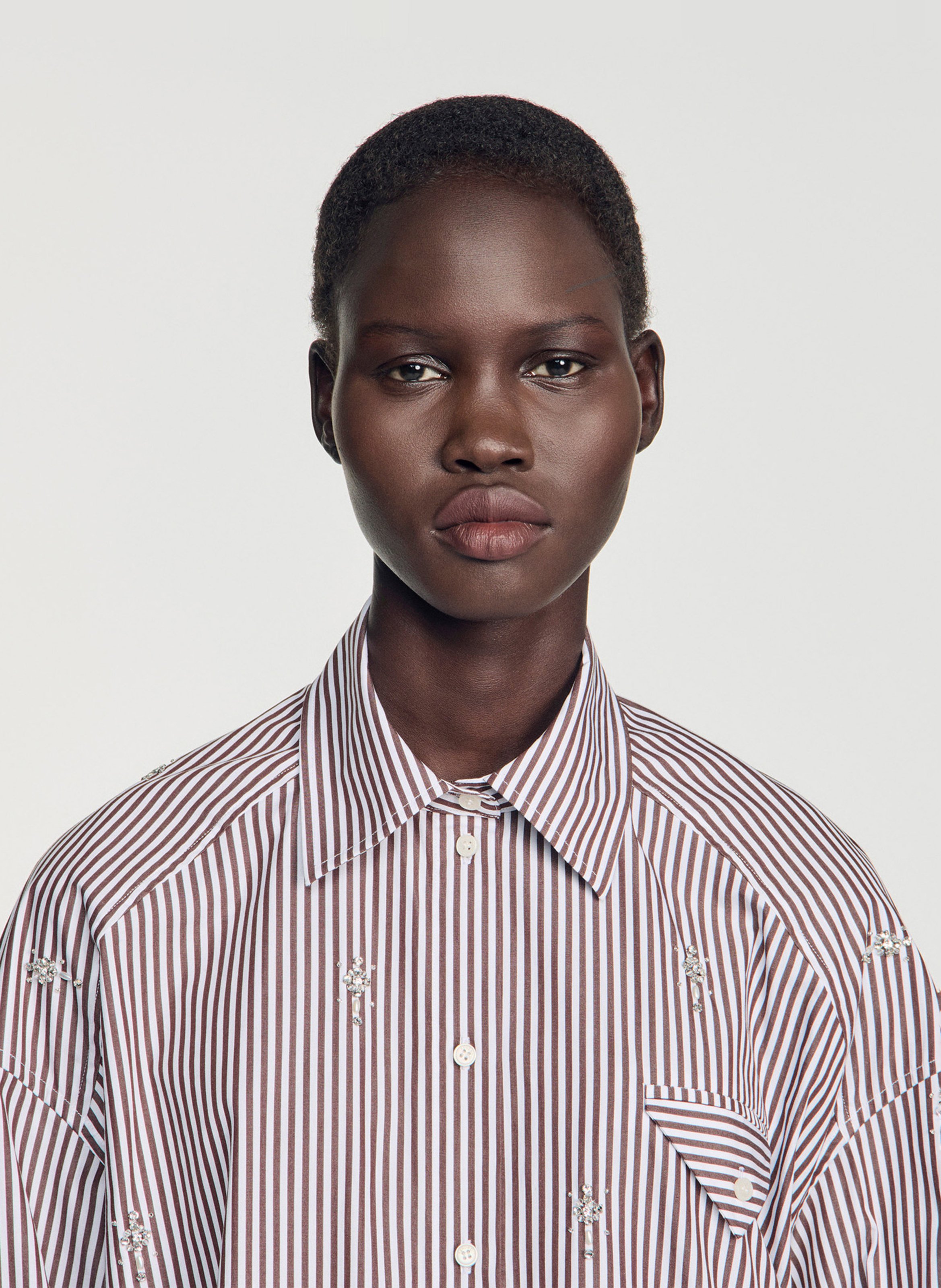 Chemise oversize col classique en coton mélangé rayé SANDRO Marron
