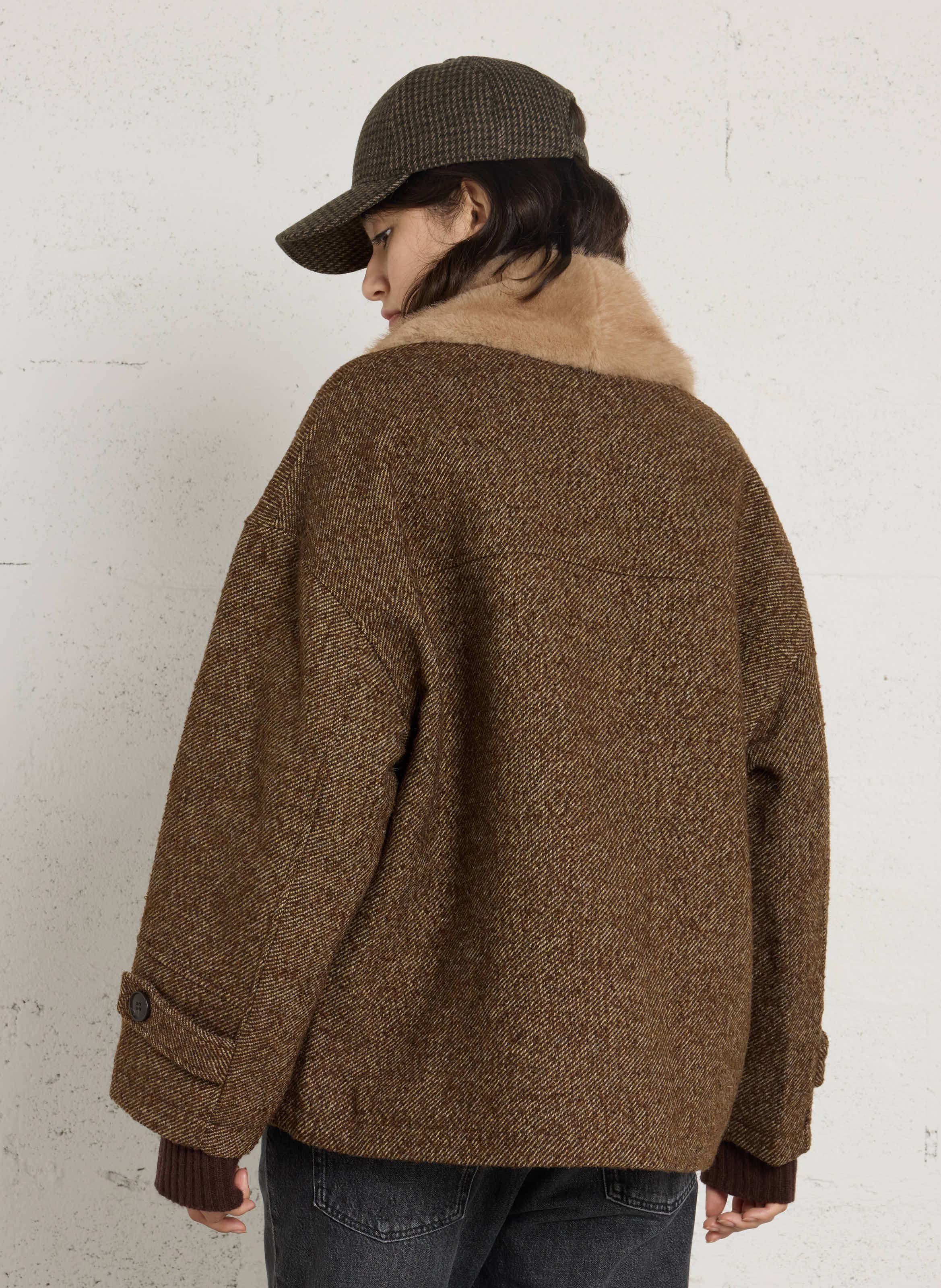 Manteau droit à col effet fourrure en laine mélangée SEE U SOON Kaki