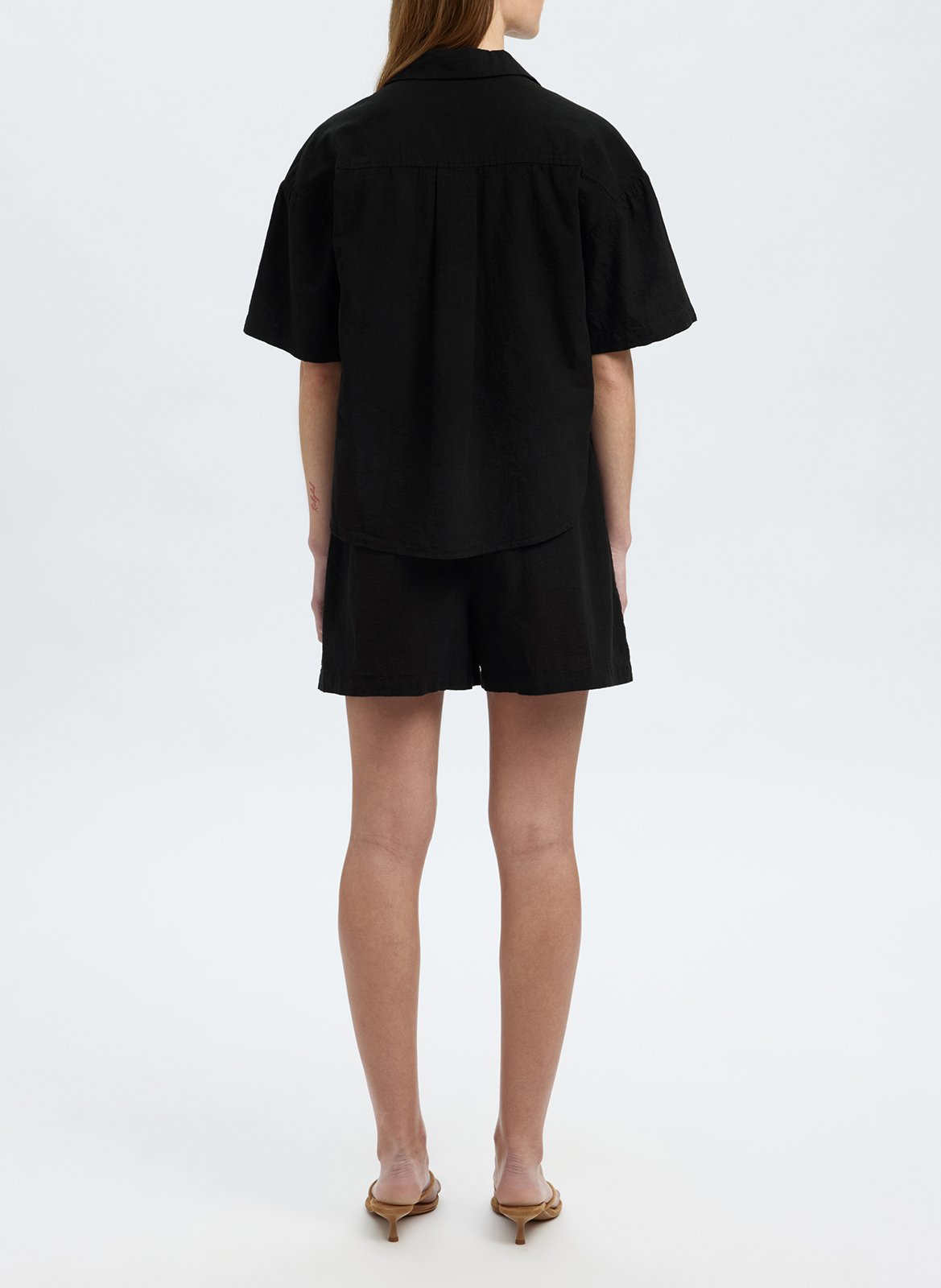 Short-sleeved shirt in organic linen and cotton SELECTED Black
