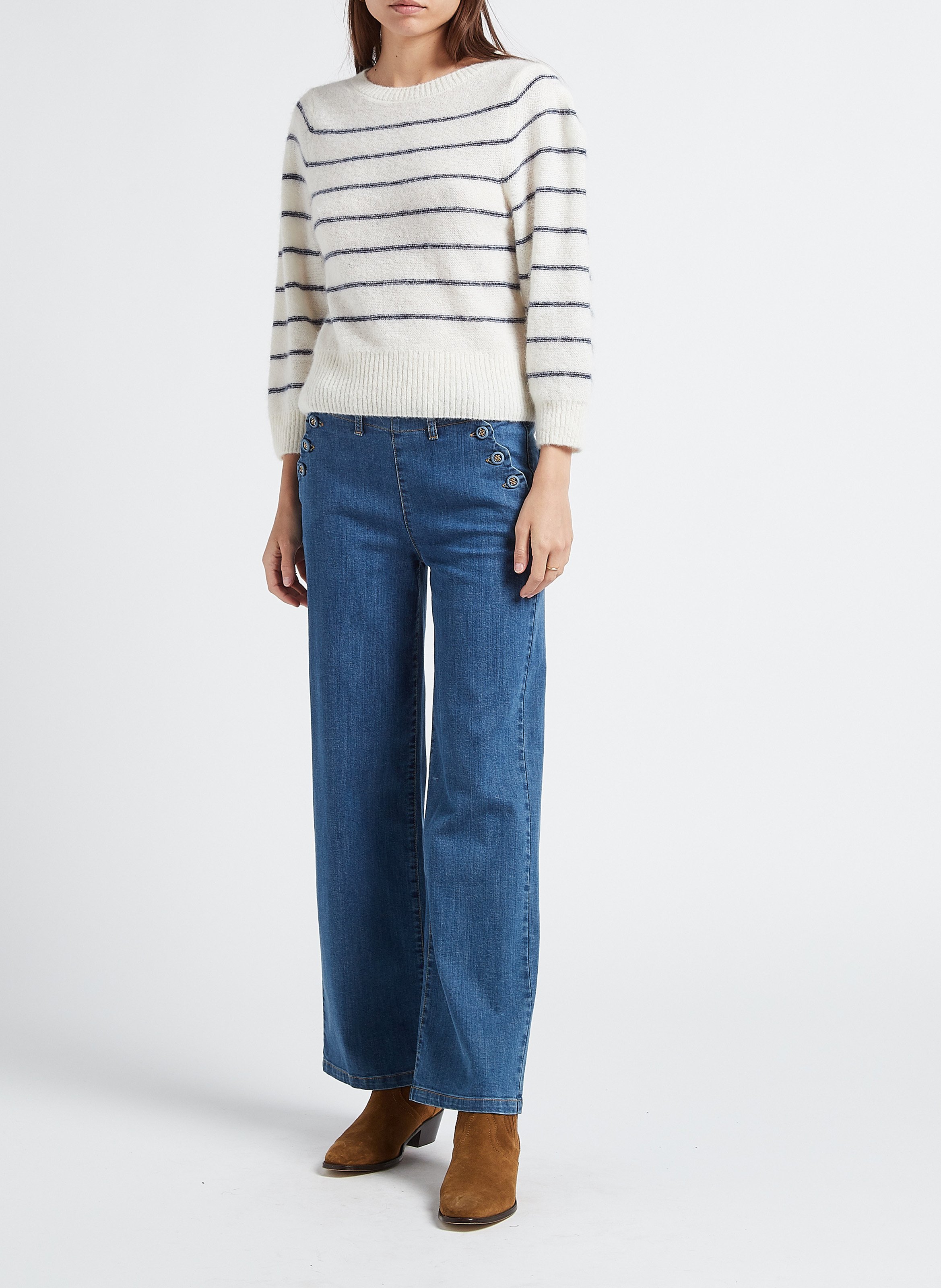 Pull col rond rayé en alpaga mélangé  EMILE ET IDA Blanc