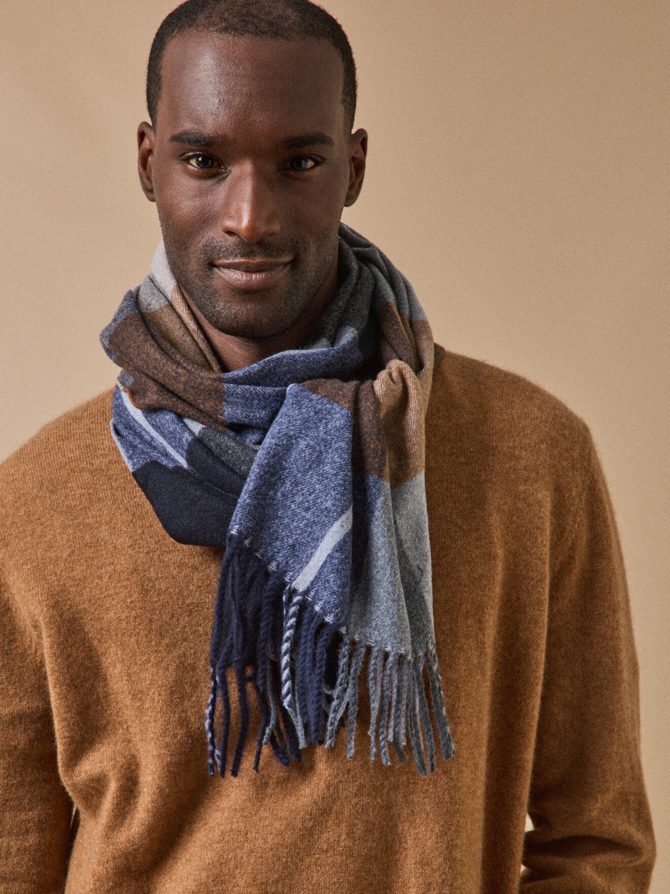 Fringed scarf with large checks CYRILLUS Blue