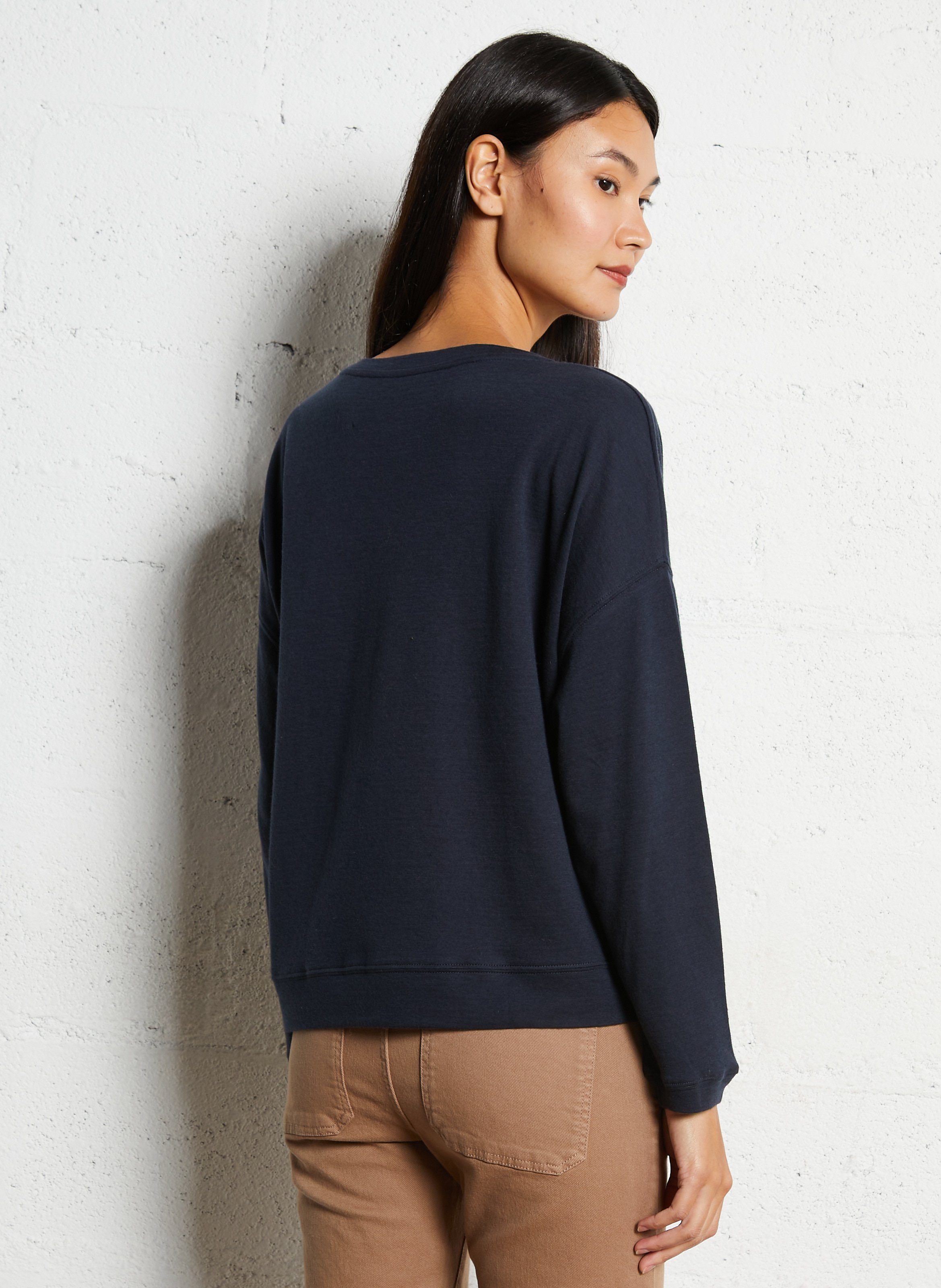 Tee-shirt oversize col bateau en coton bio et cachemire MAJESTIC FILATURES Bleu