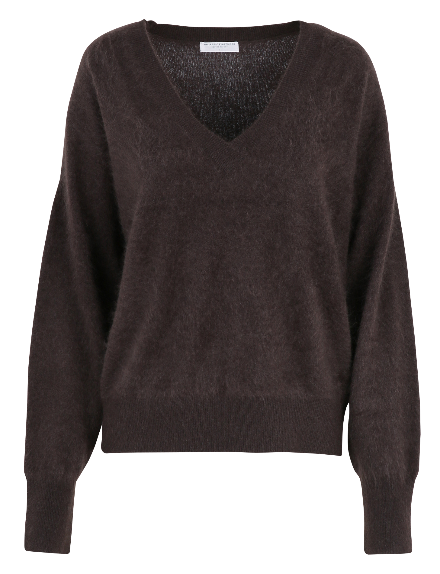 Pull droit col V en laine et cachemire MAJESTIC FILATURES Marron