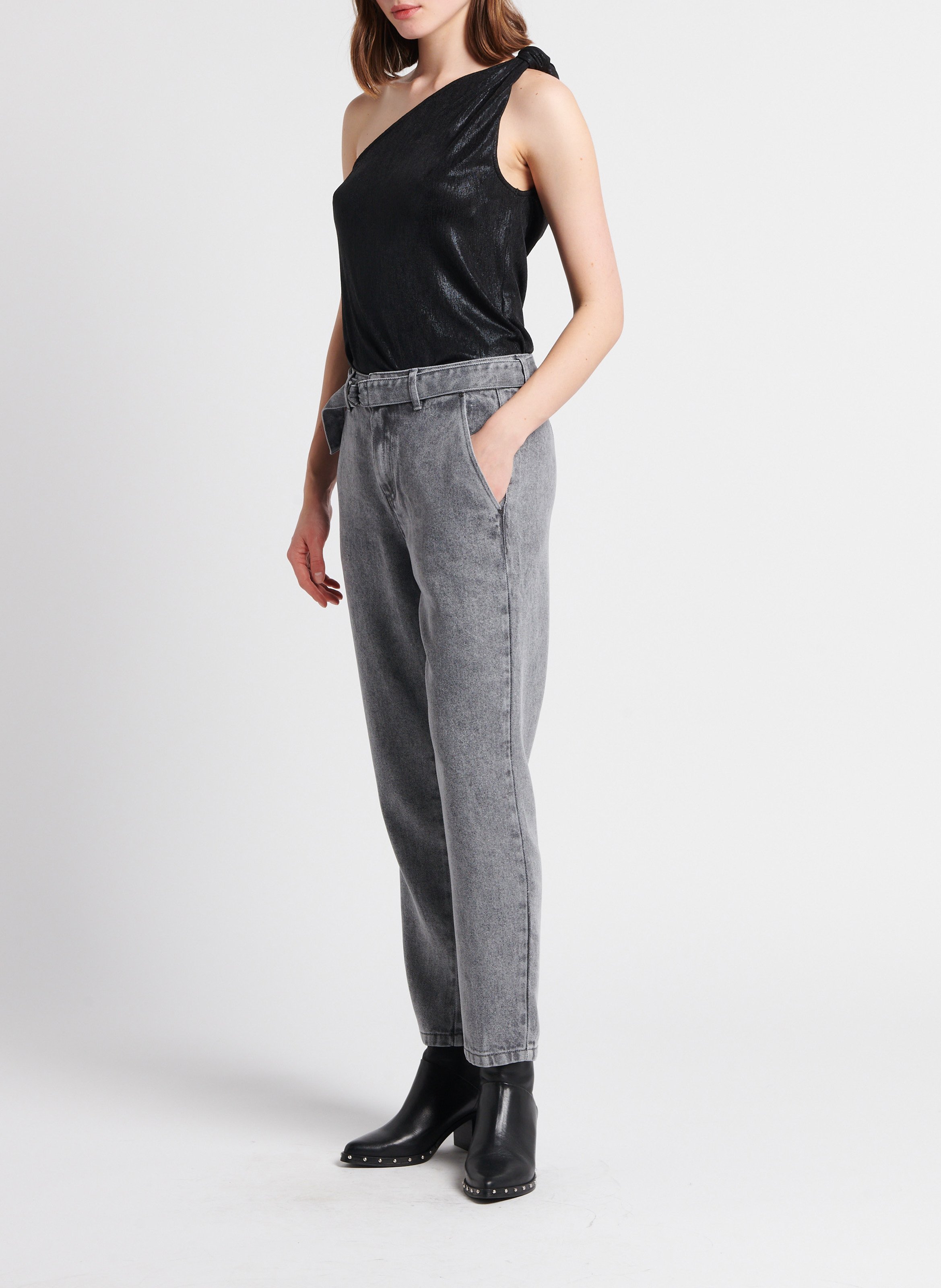 Jean baggy cropped taille haute délavé IKKS Gris