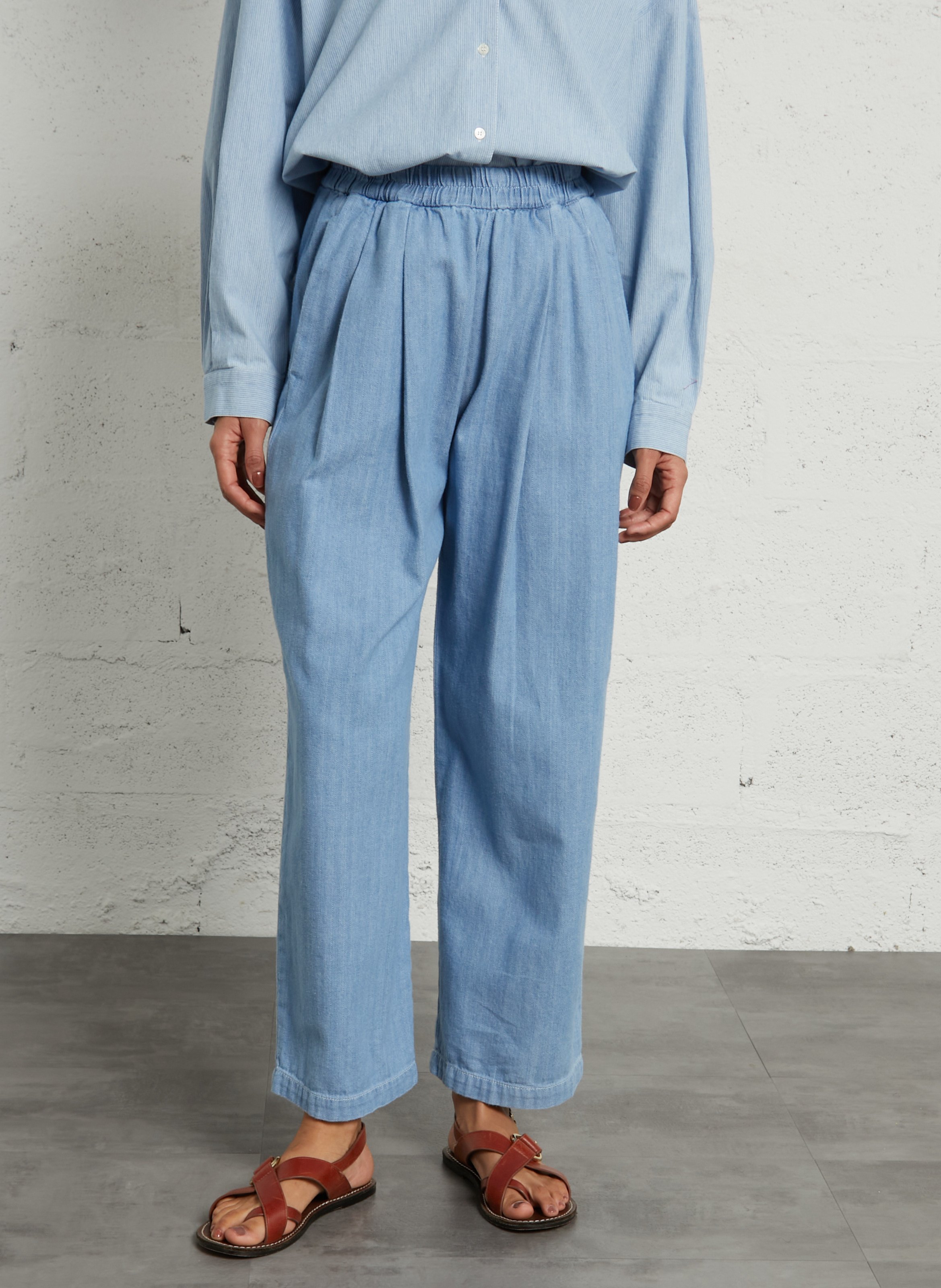 High-waisted elasticated denim trousers MASSCOB Blue