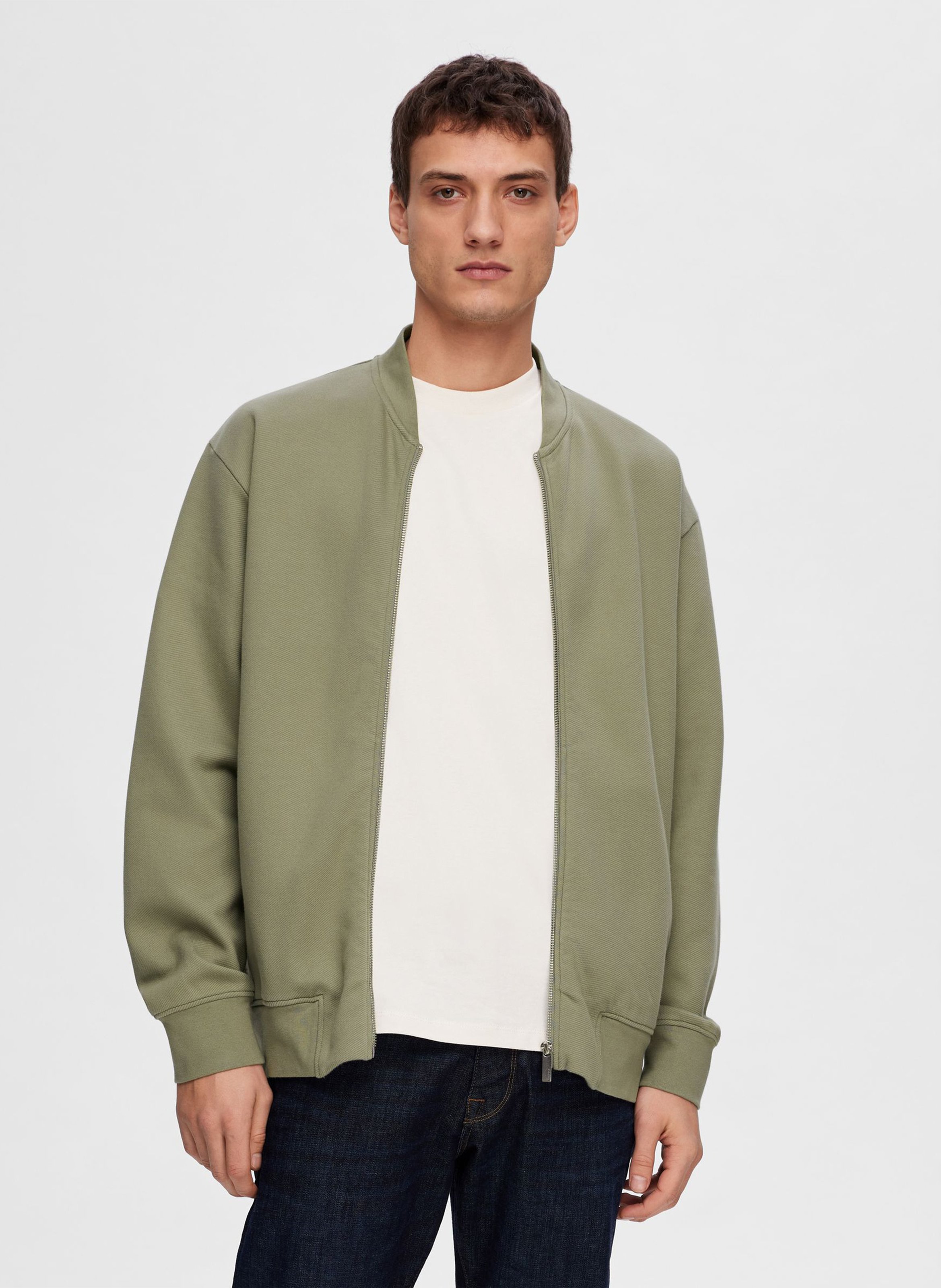 Gilet droit col teddy en coton bio mélangé SELECTED Gris