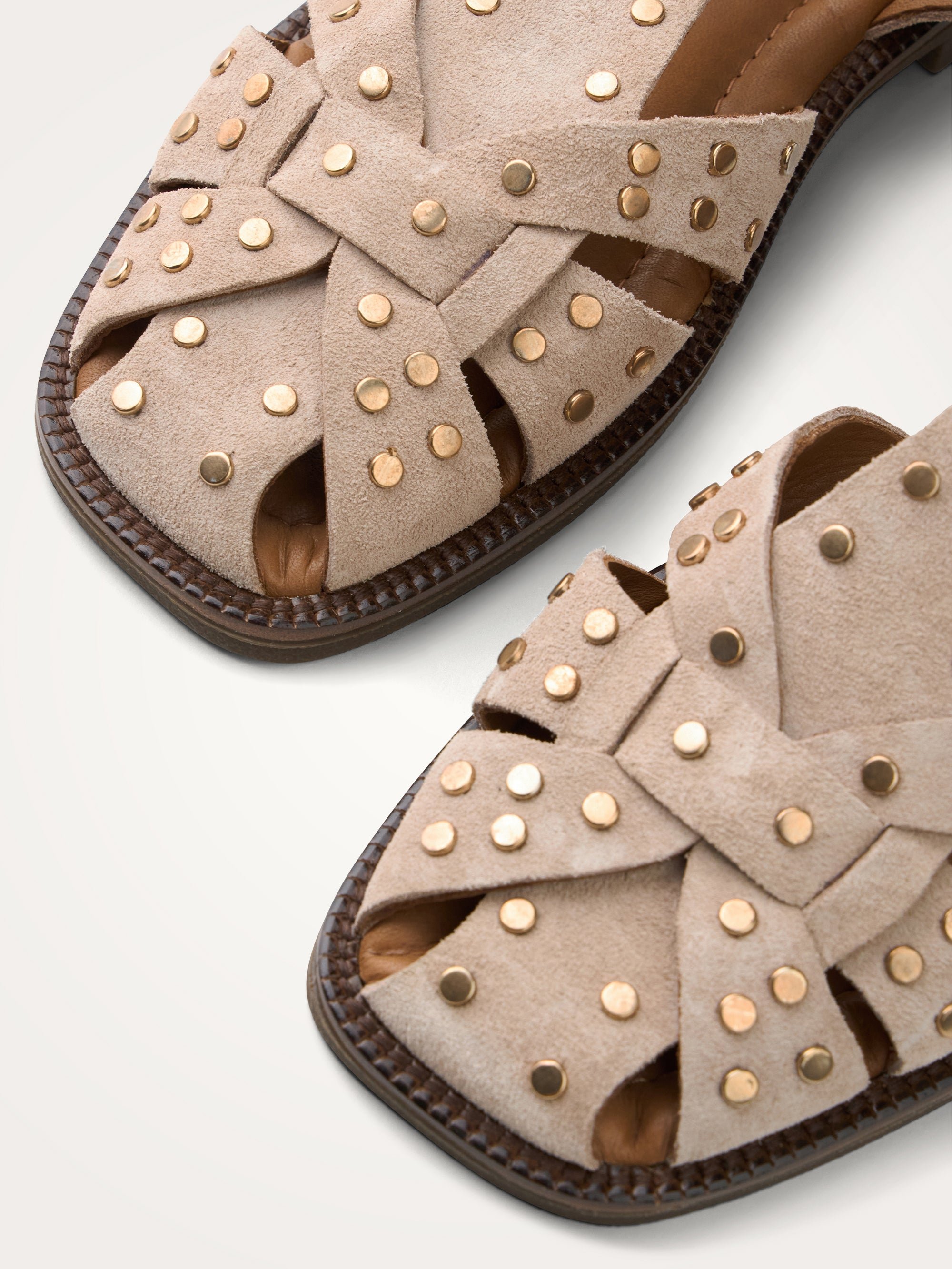 Flat studded suede sandals with wide crisscross straps VANESSA WU Beige