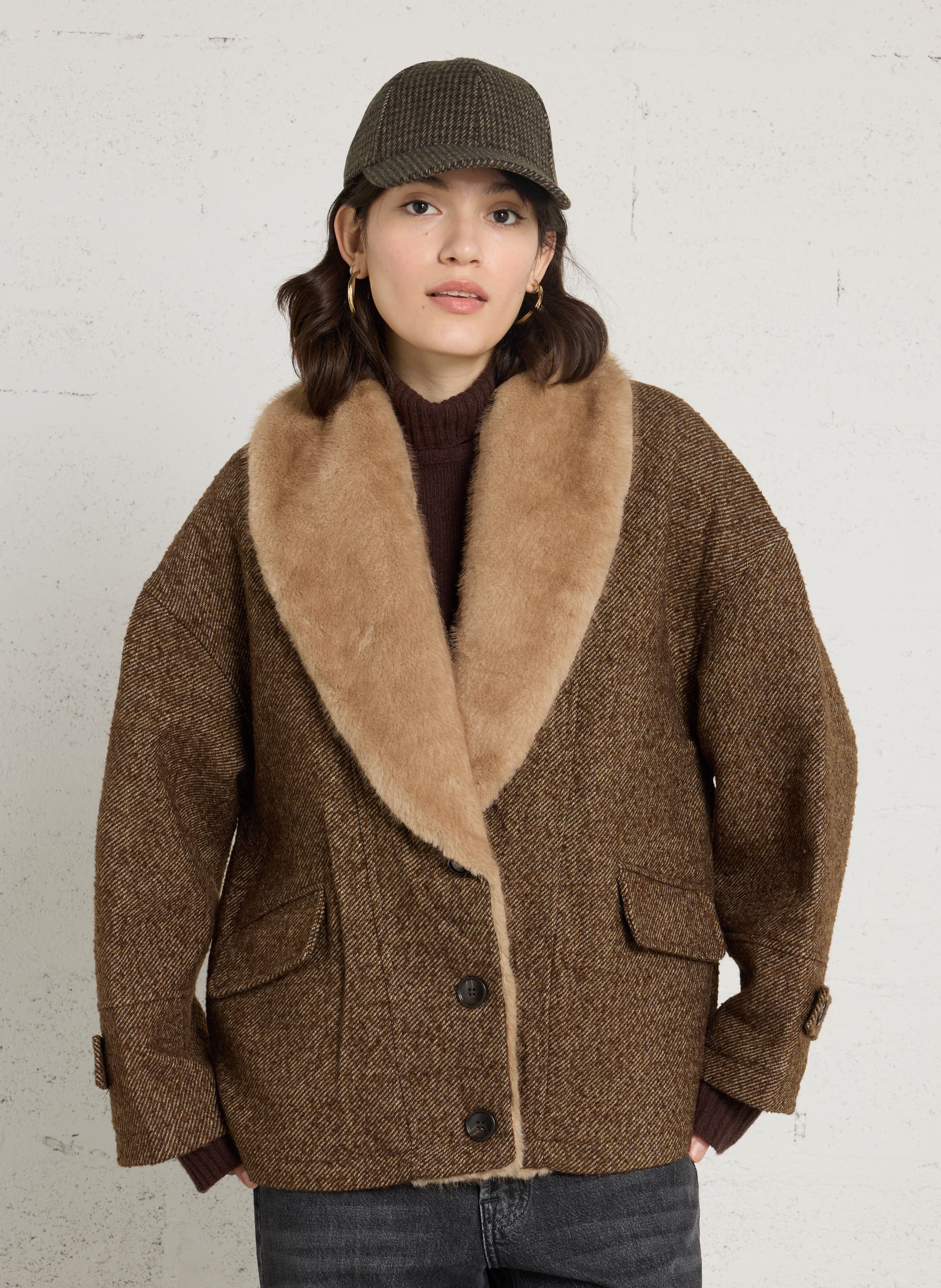 Manteau droit à col effet fourrure en laine mélangée SEE U SOON Kaki