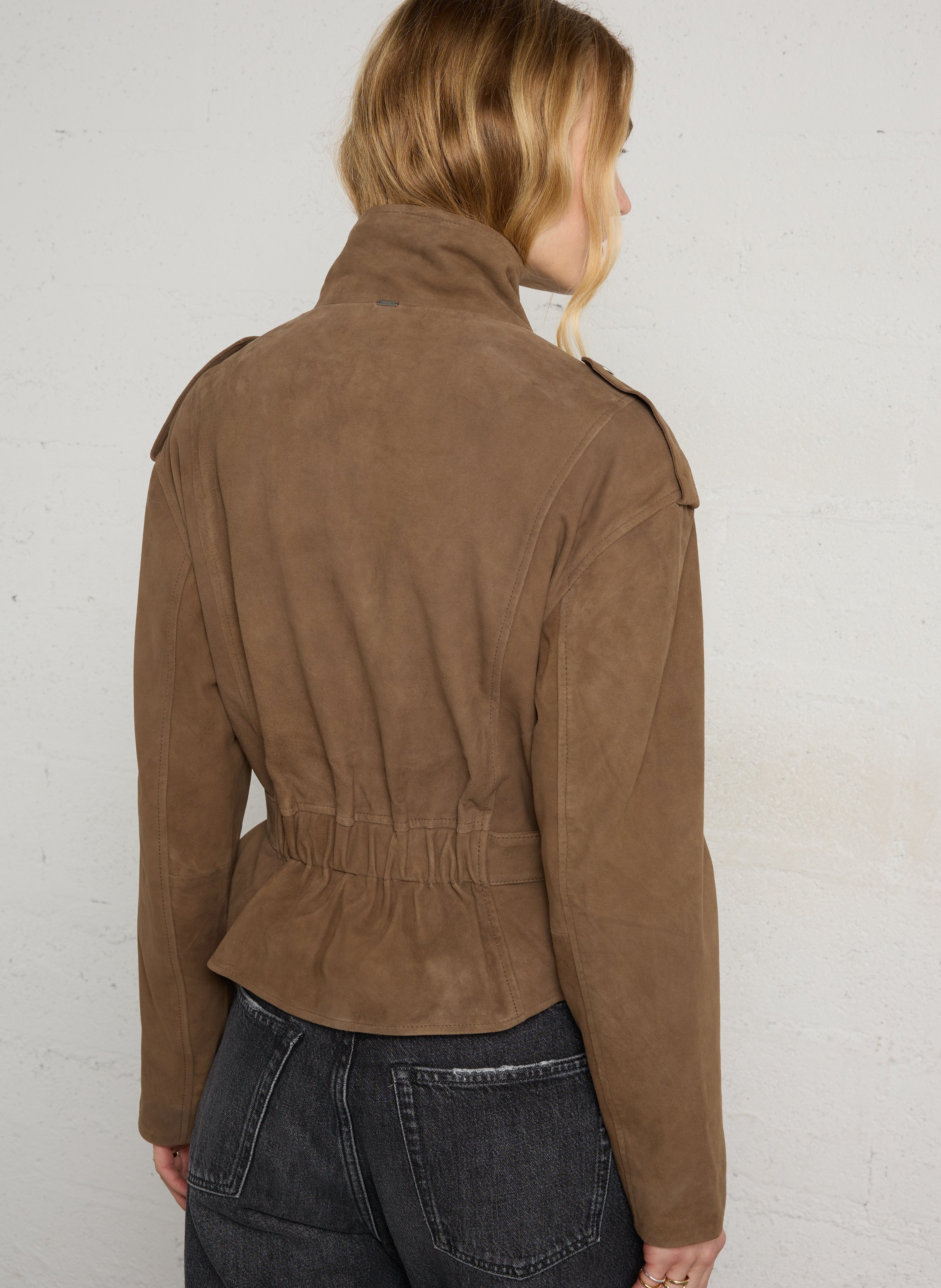 Blouson droit col montant en cuir IKKS Marron