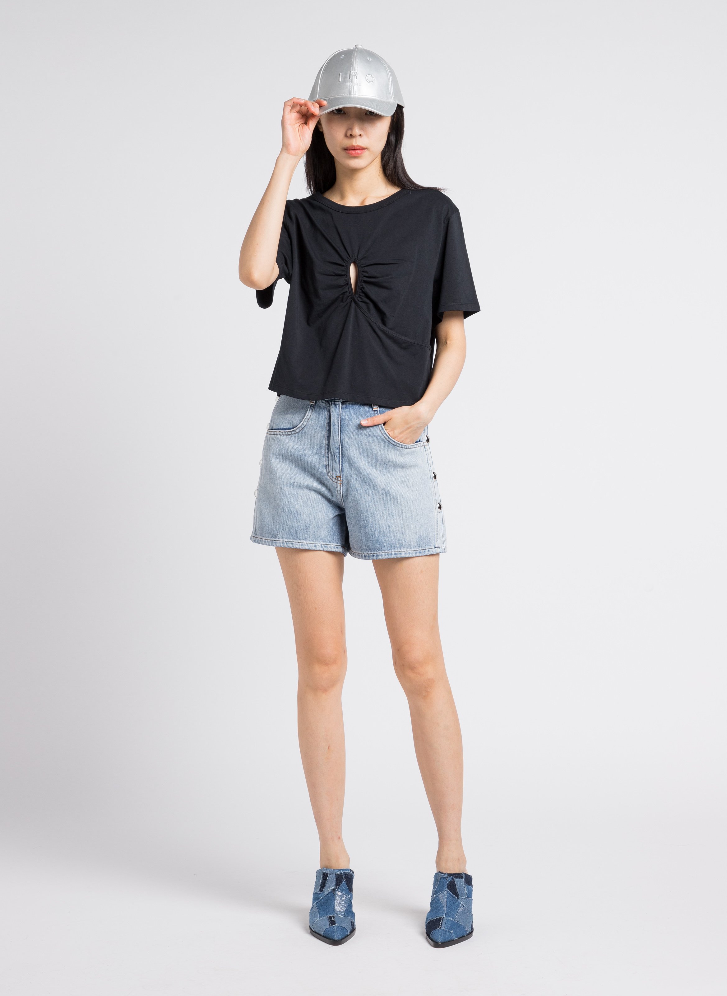 Straight high-rise cotton denim shorts with studs IRO Blue
