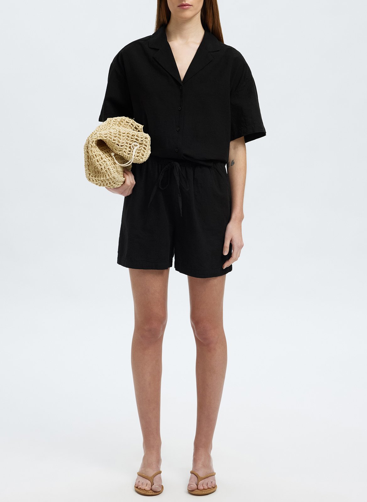 Short-sleeved shirt in organic linen and cotton SELECTED Black