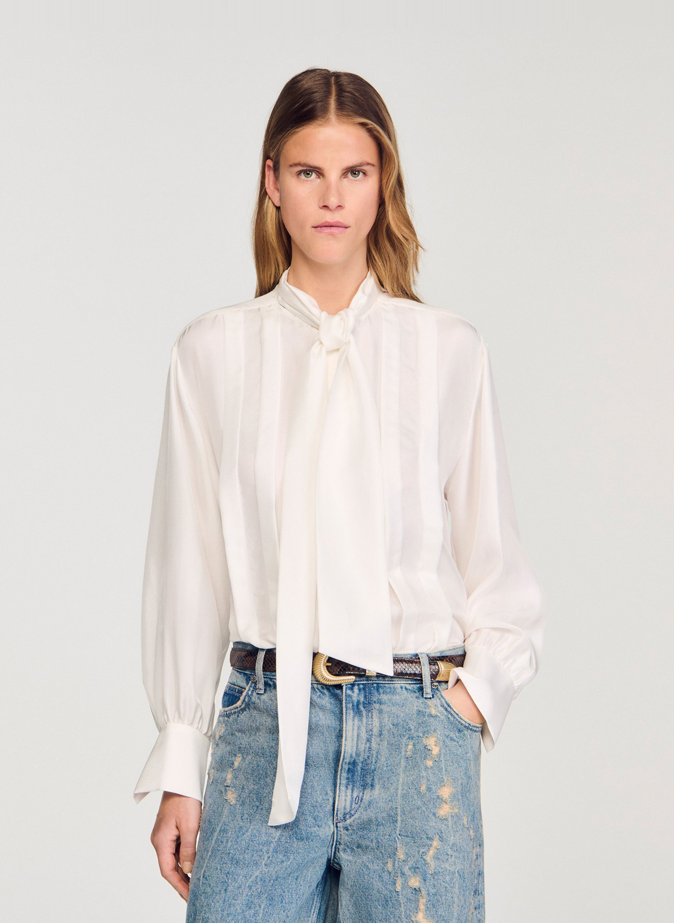 Silk blouse with pussy-bow collar SANDRO White