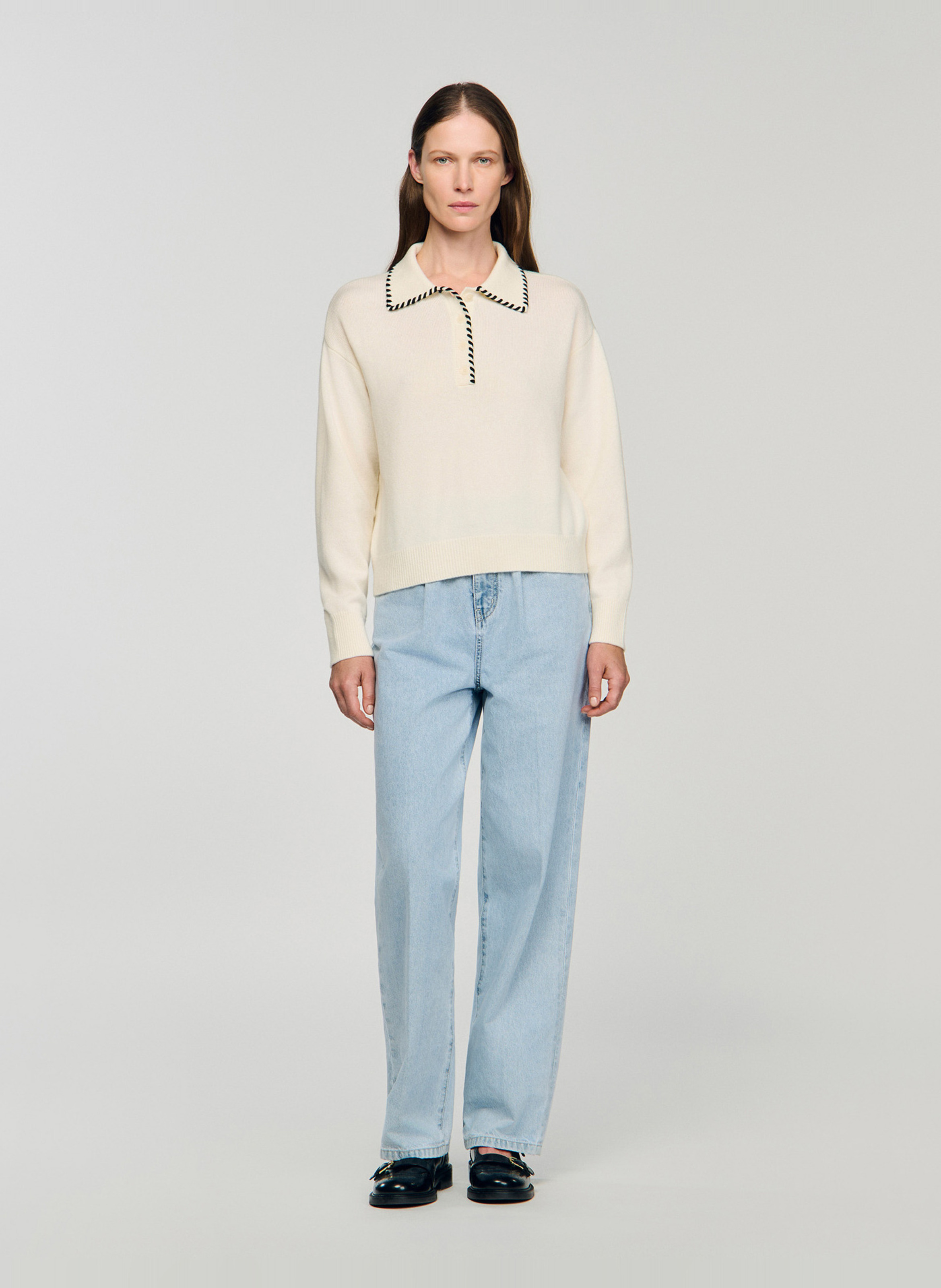 Effen trui van wolmix met lange mouwen en kant SANDRO Wit