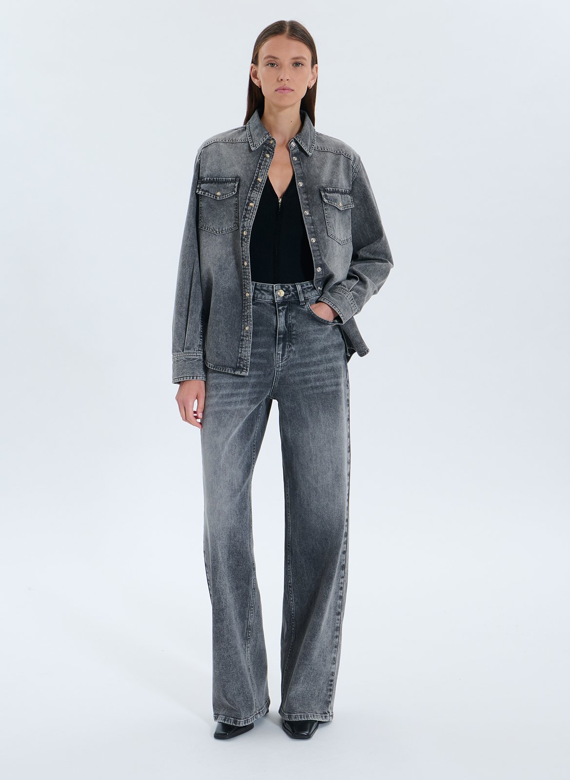 Jean wide leg délavé taille haute ZAPA Gris