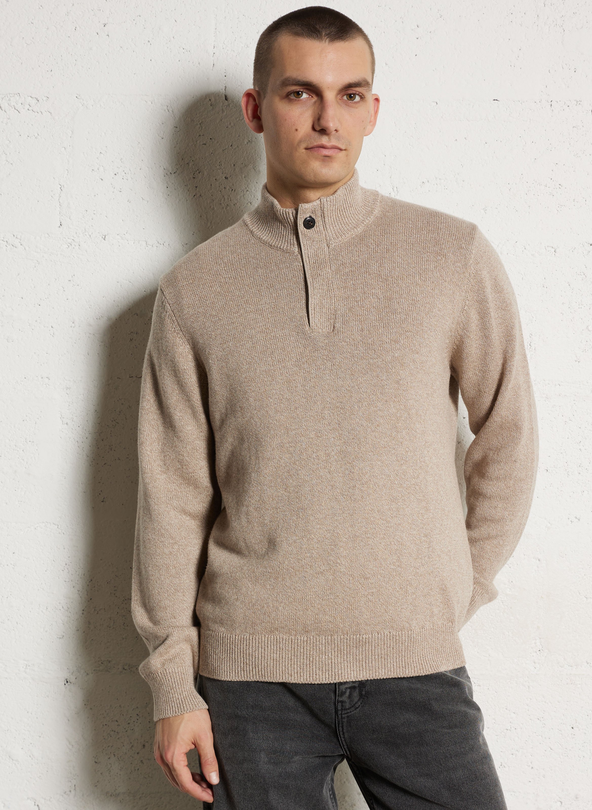 Pull droit col montant en coton et cachemire HACKETT Marron