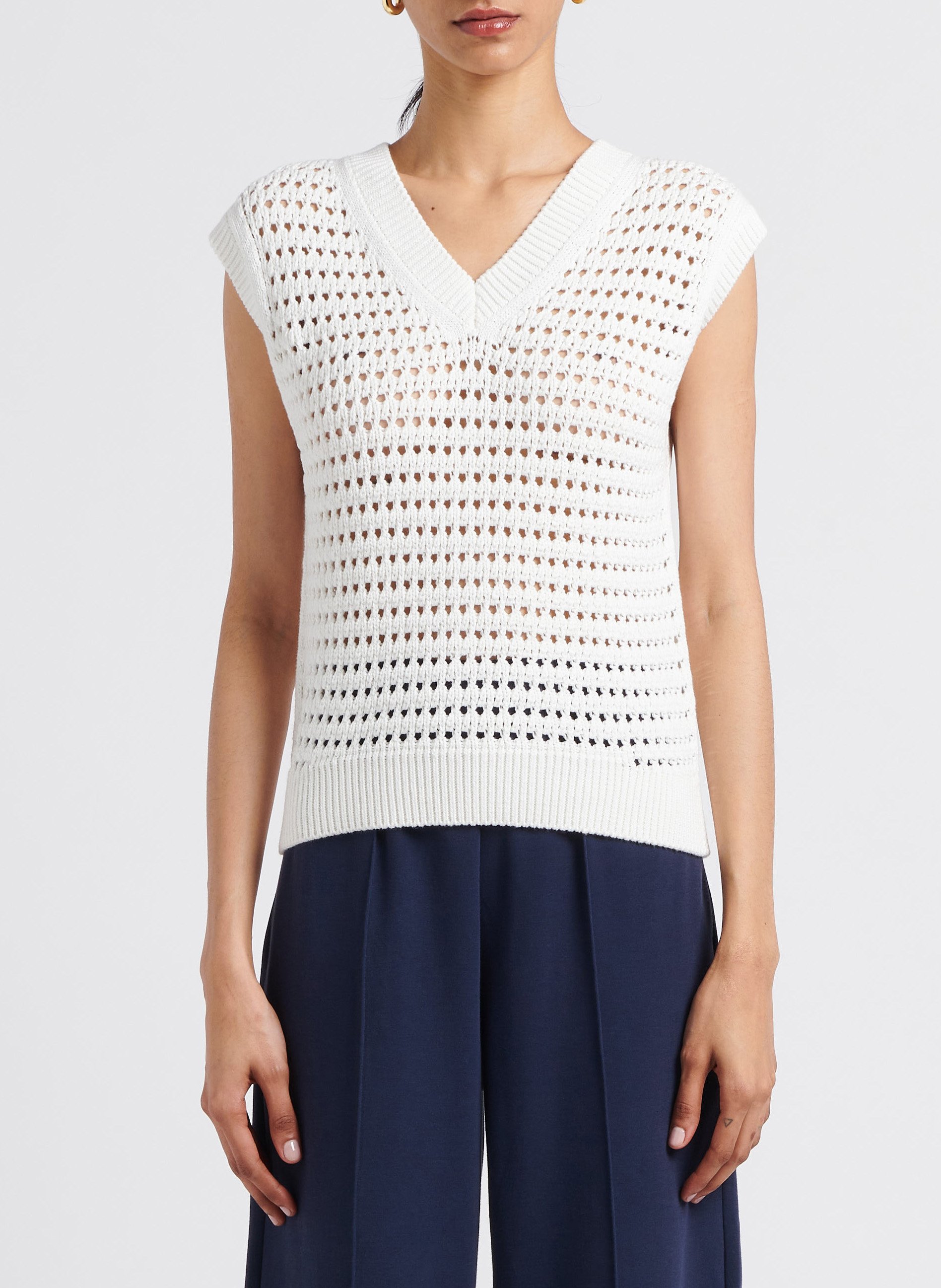 V-neck openwork cotton-blend sleeveless sweater MAX MARA LEISURE White