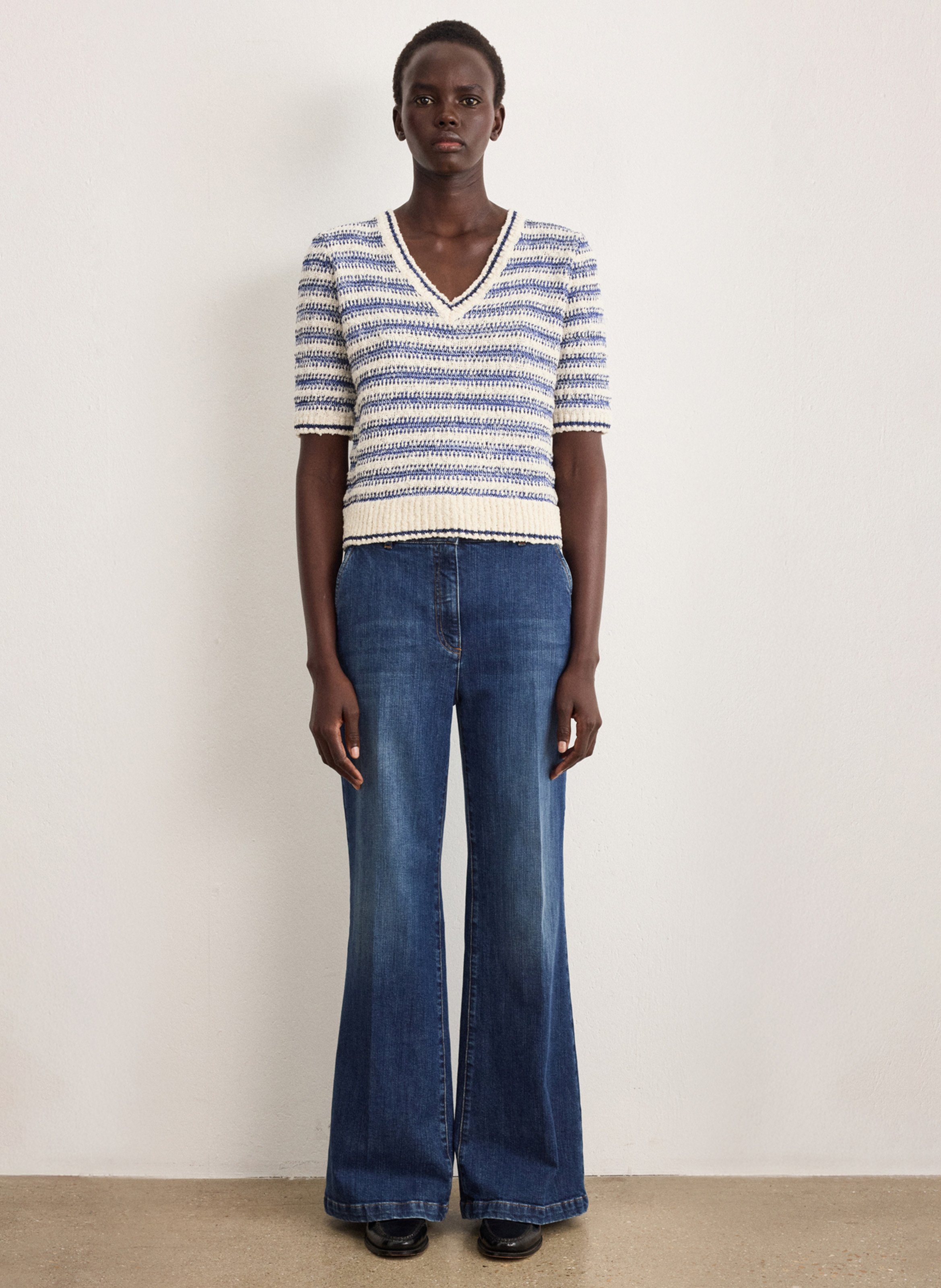 Pull droit col V en coton mélangé PABLO Bleu