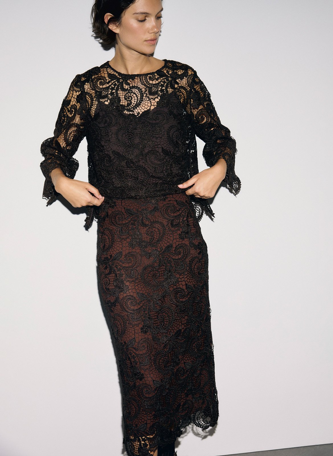 Straight lace midi skirt GERARD DAREL Brown