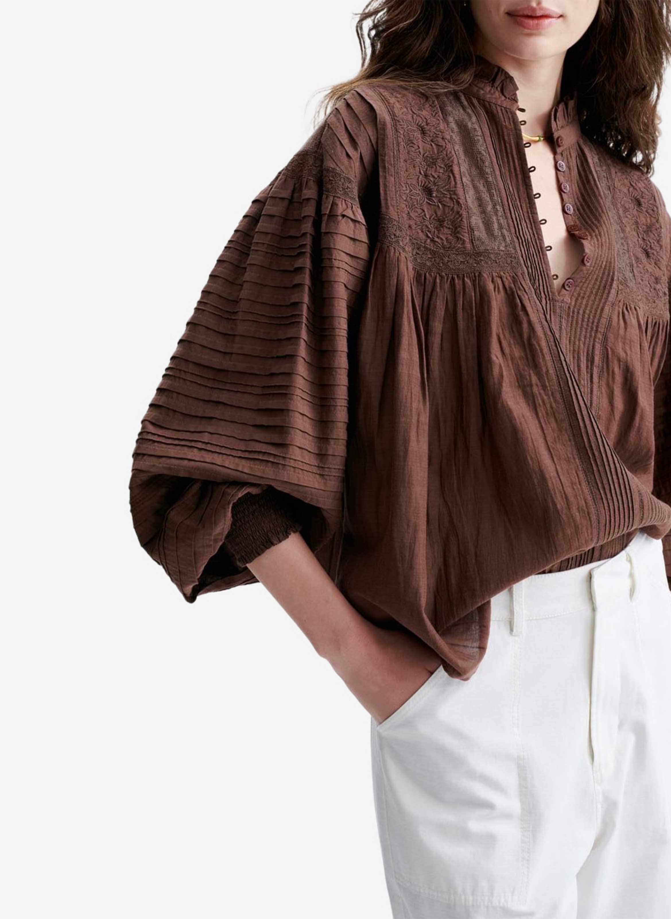 Blouse col victorien droite en coton mélangé VANESSA BRUNO Marron
