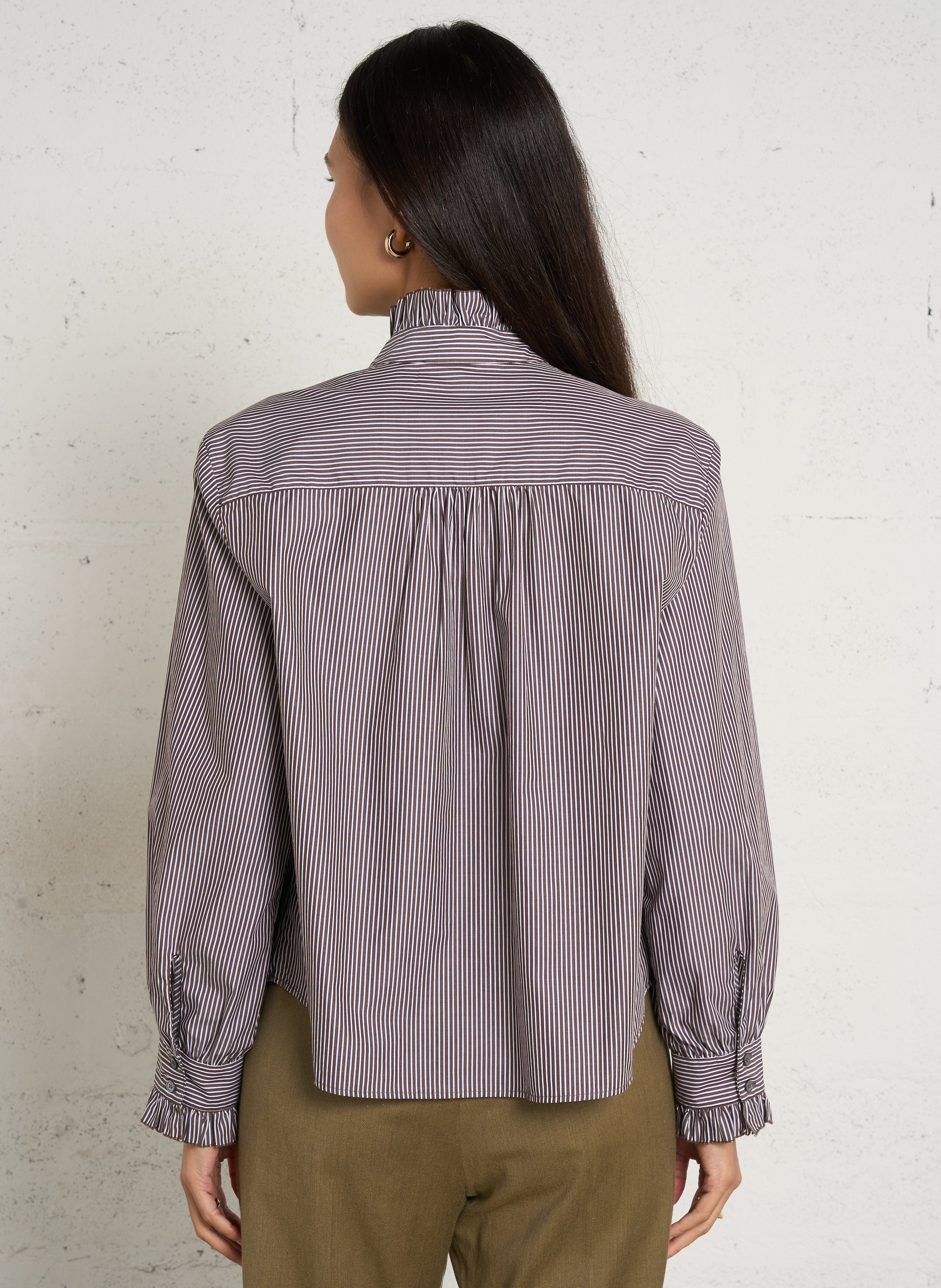 Blouse droite col rond en coton rayé POMANDERE Marron