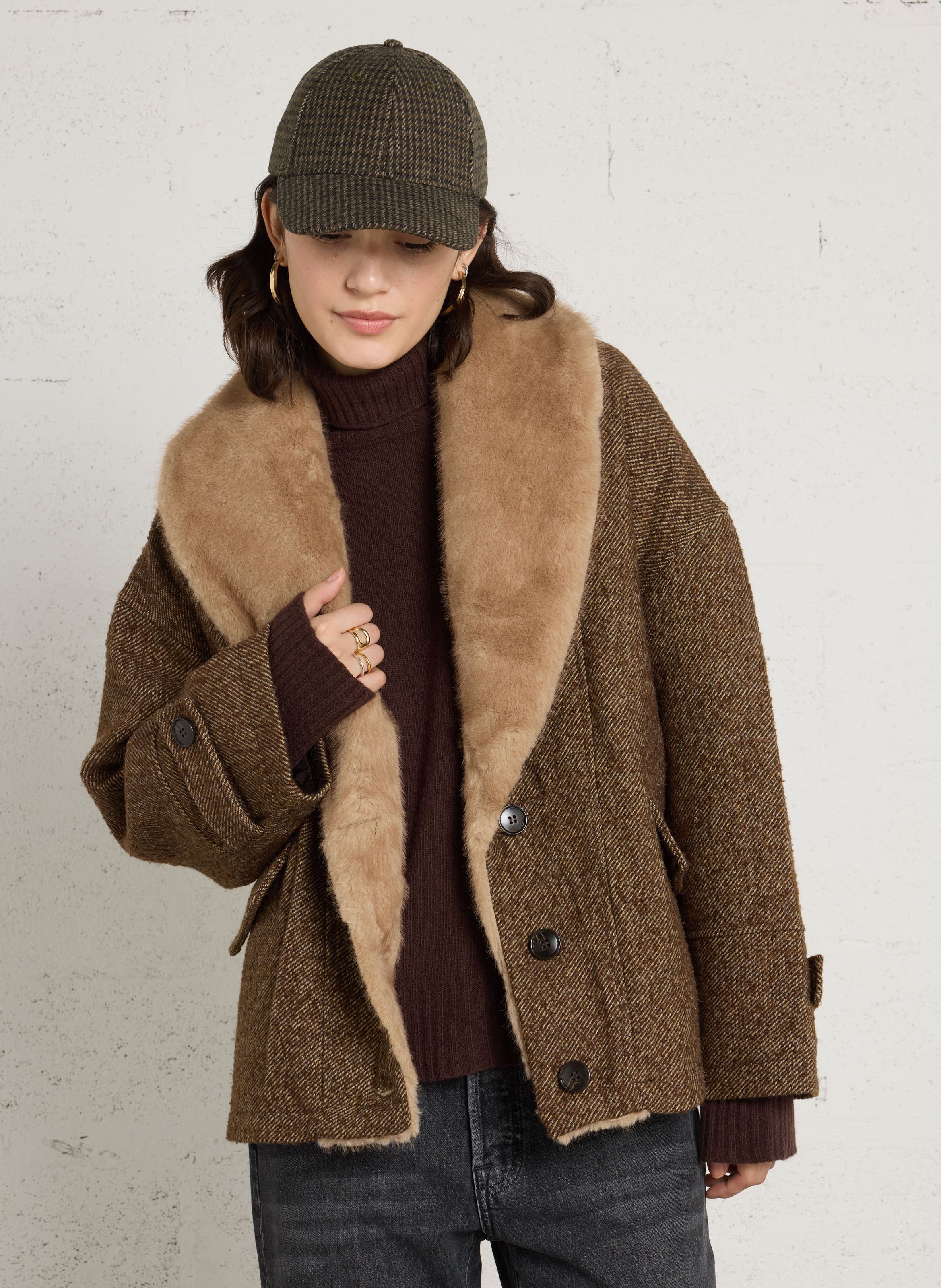Manteau droit à col effet fourrure en laine mélangée SEE U SOON Kaki
