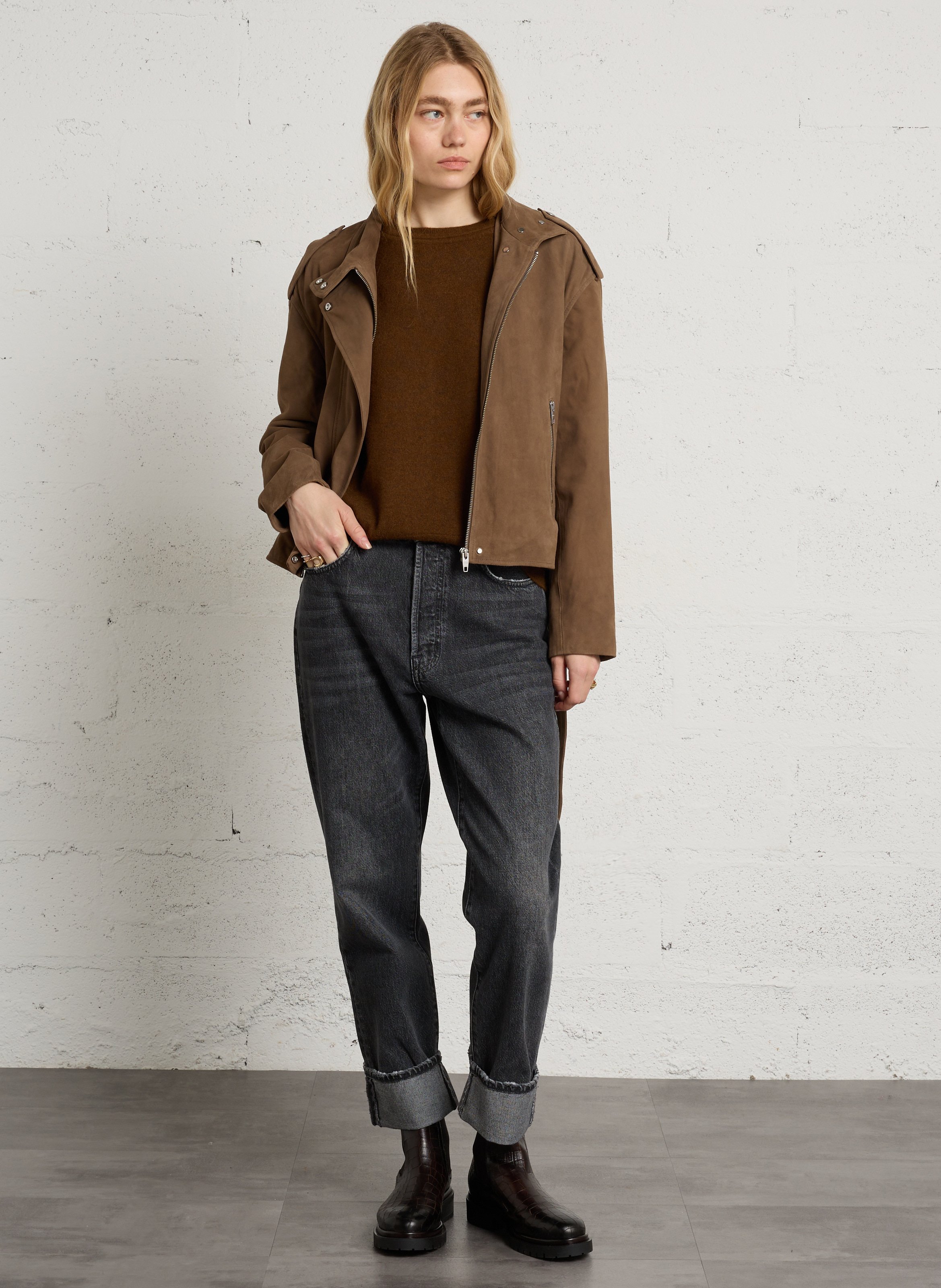 Blouson droit col montant en cuir IKKS Marron