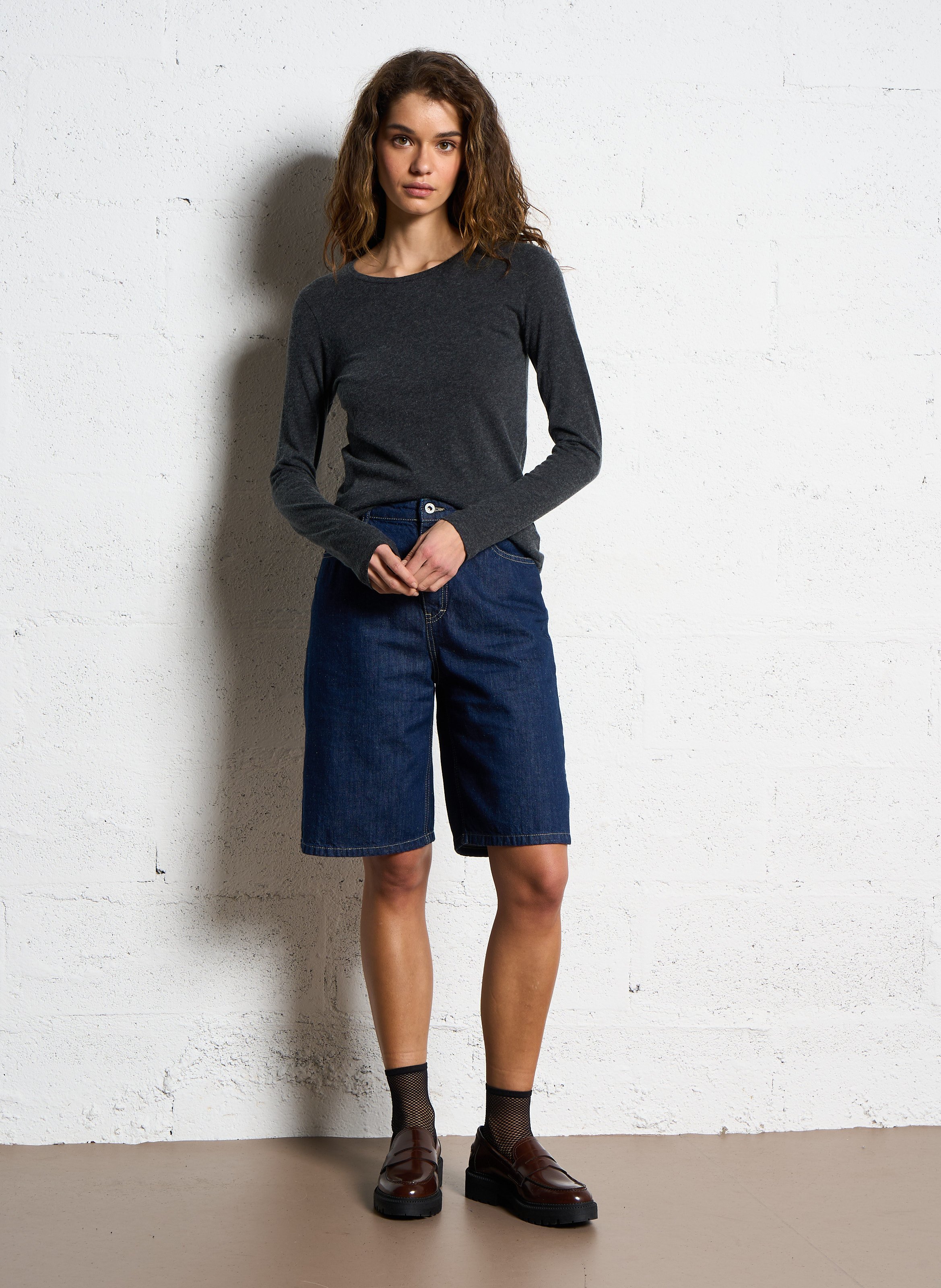 Tee-shirt col rond en coton et cachemire mélangé MAJESTIC FILATURES Gris