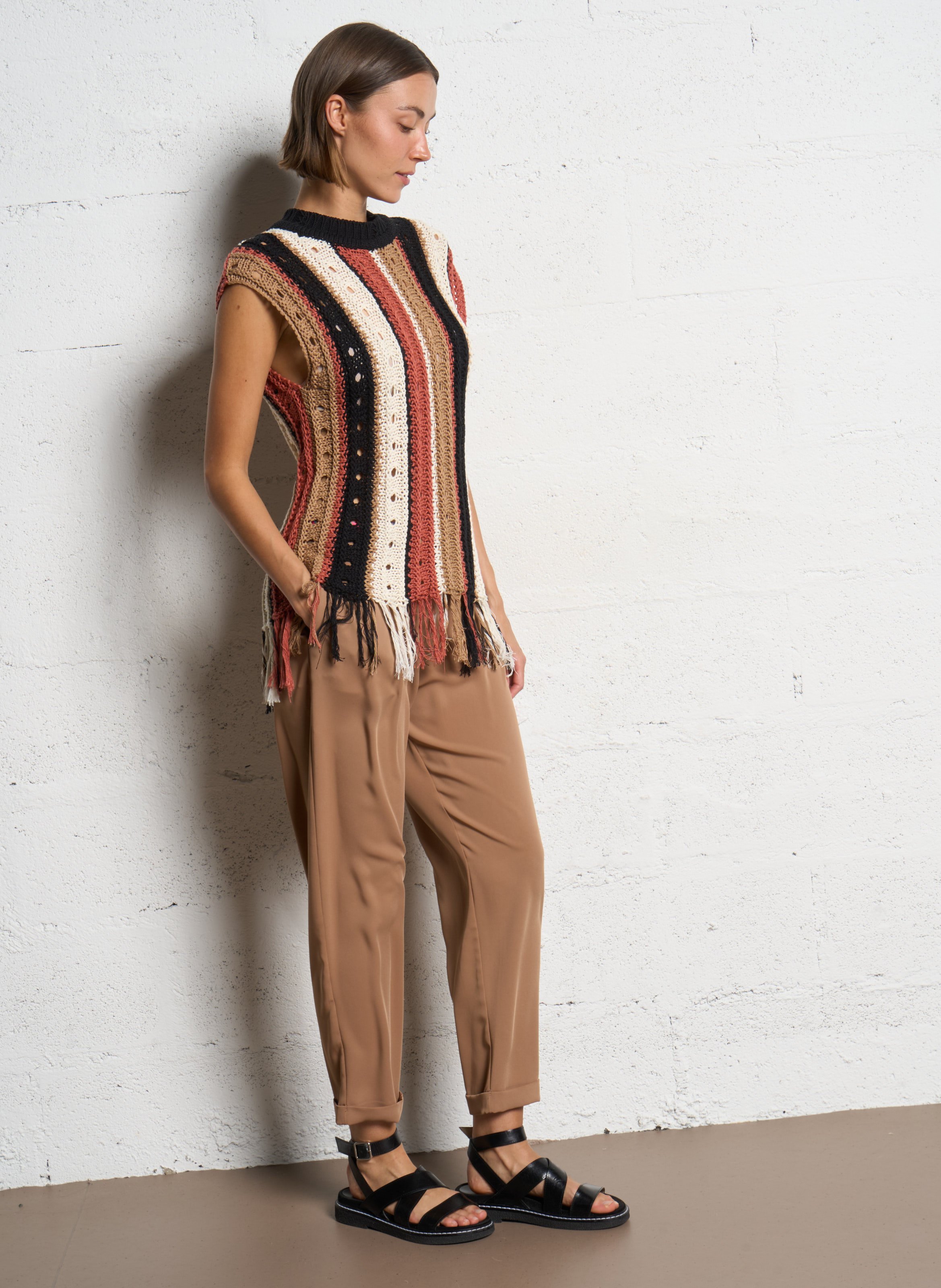 Pull sans manches rayé à franges Multicolore